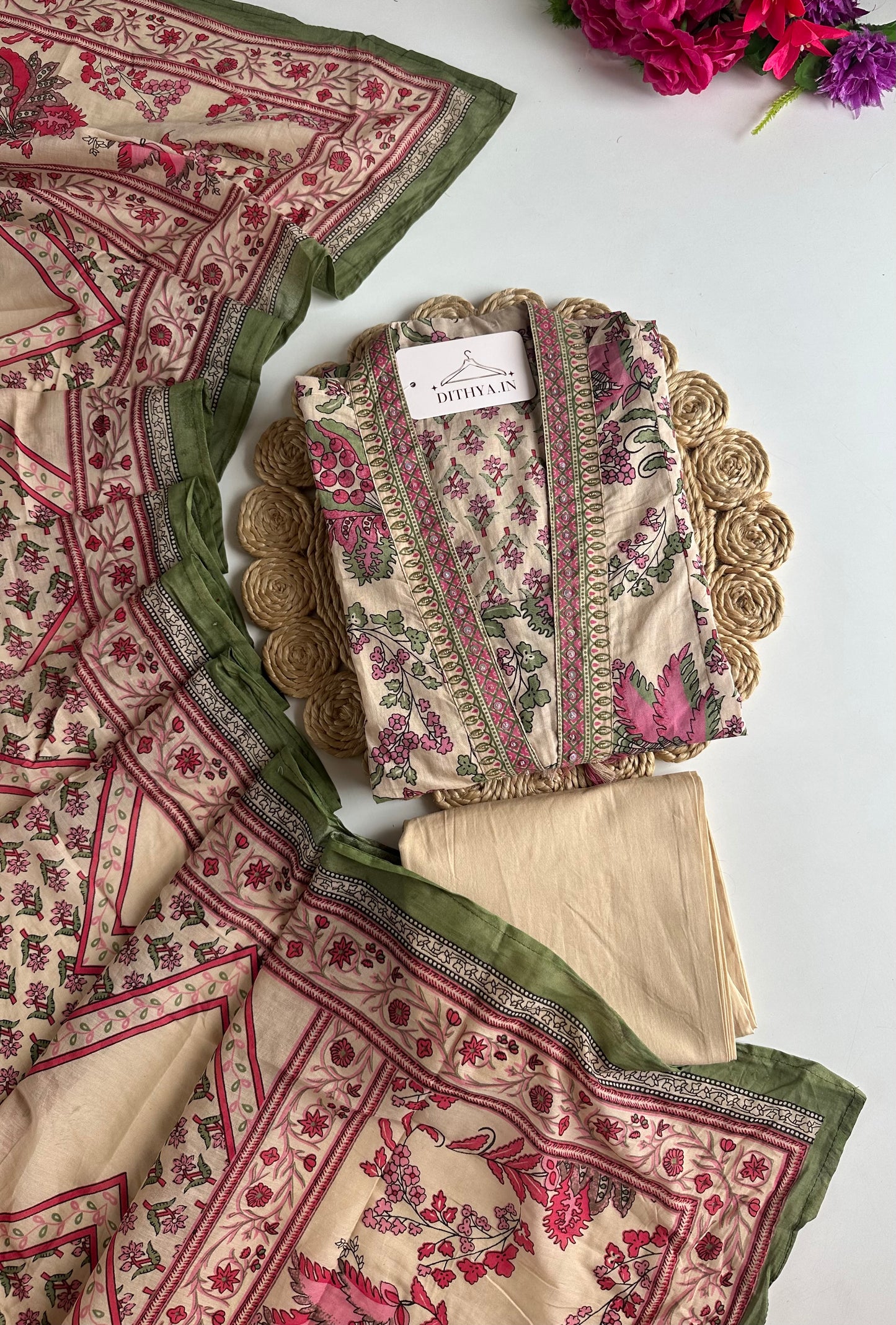 K718 - Mul cotton printed floral Anarkali with pants and dupatta