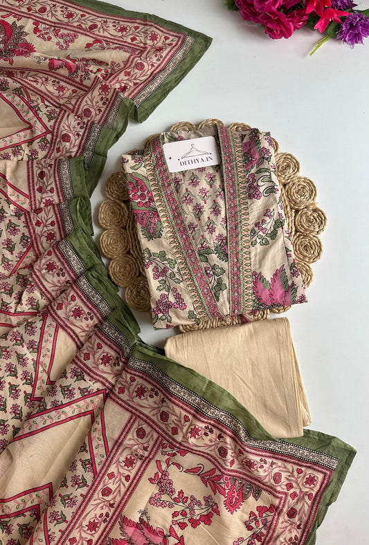 K718 - Mul cotton printed floral Anarkali with pants and dupatta