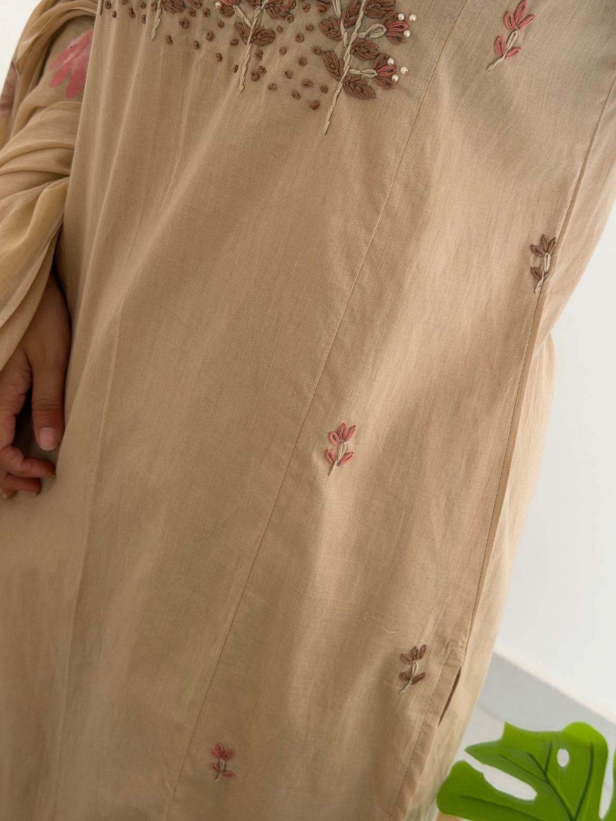 K381 - Mul cotton embroidered straight Kurti with pants and dupatta