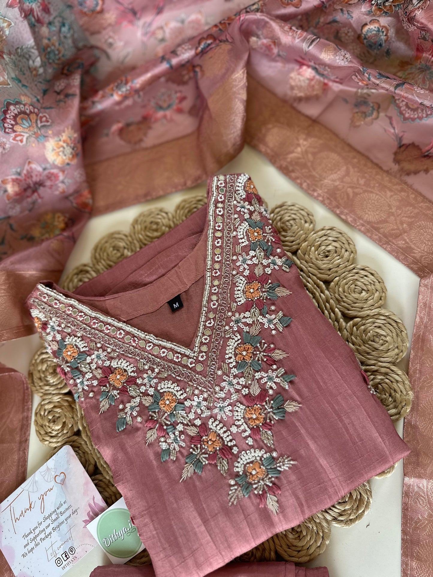 K160 - Russian silk Kurti with pants and organza Floral dupatta .