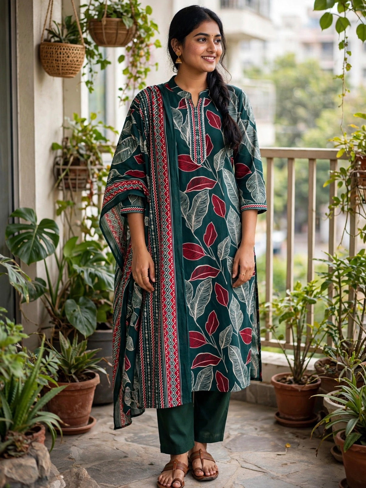 K472 - Mul cotton embroidered straight Kurti with pants and dupatta