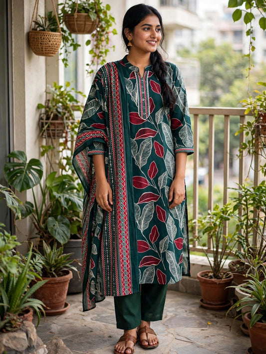 K472 - Mul cotton embroidered straight Kurti with pants and dupatta