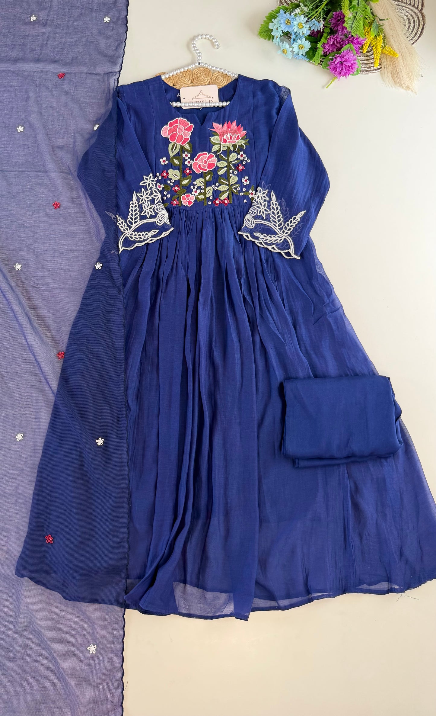 K494 - Mul chanderi handwork Anarkali with pants and dupatta