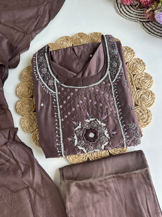 D055 -Russian silk straight kurti with pants and dupatta