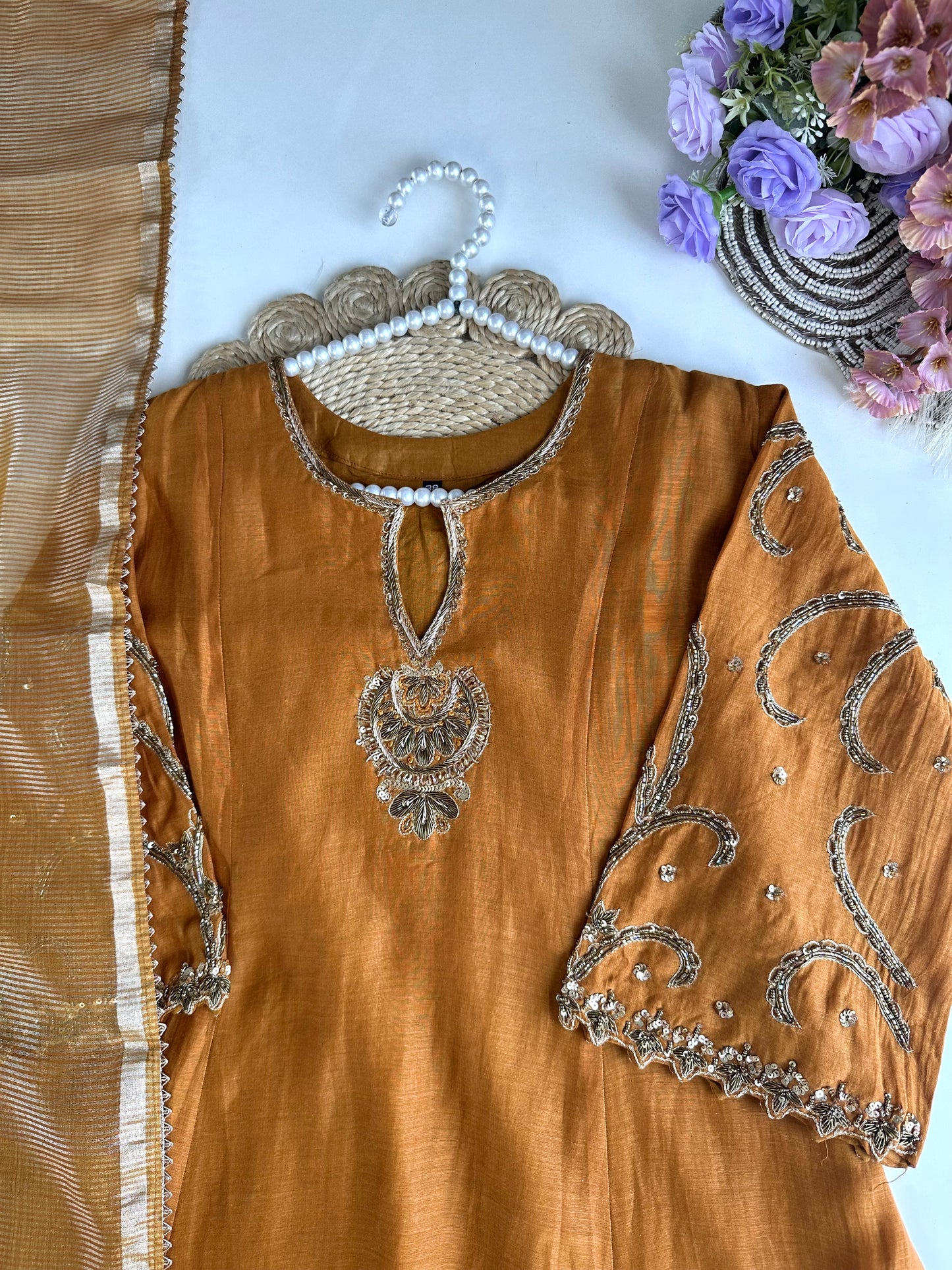 K035 - Mul Chanderi Handwork Aline Kurti with pants and dupatta in 2 colours