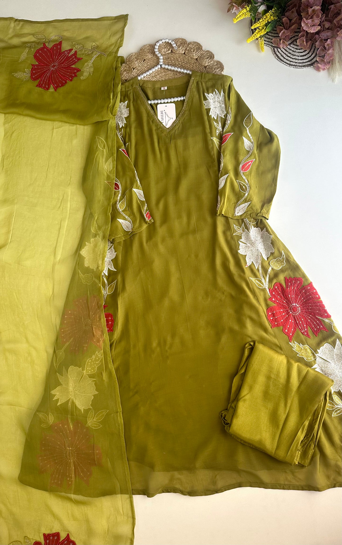 K468 - Crushed Mul Chanderi Appliqué work Anarkali with pants and dupatta in 2 colours