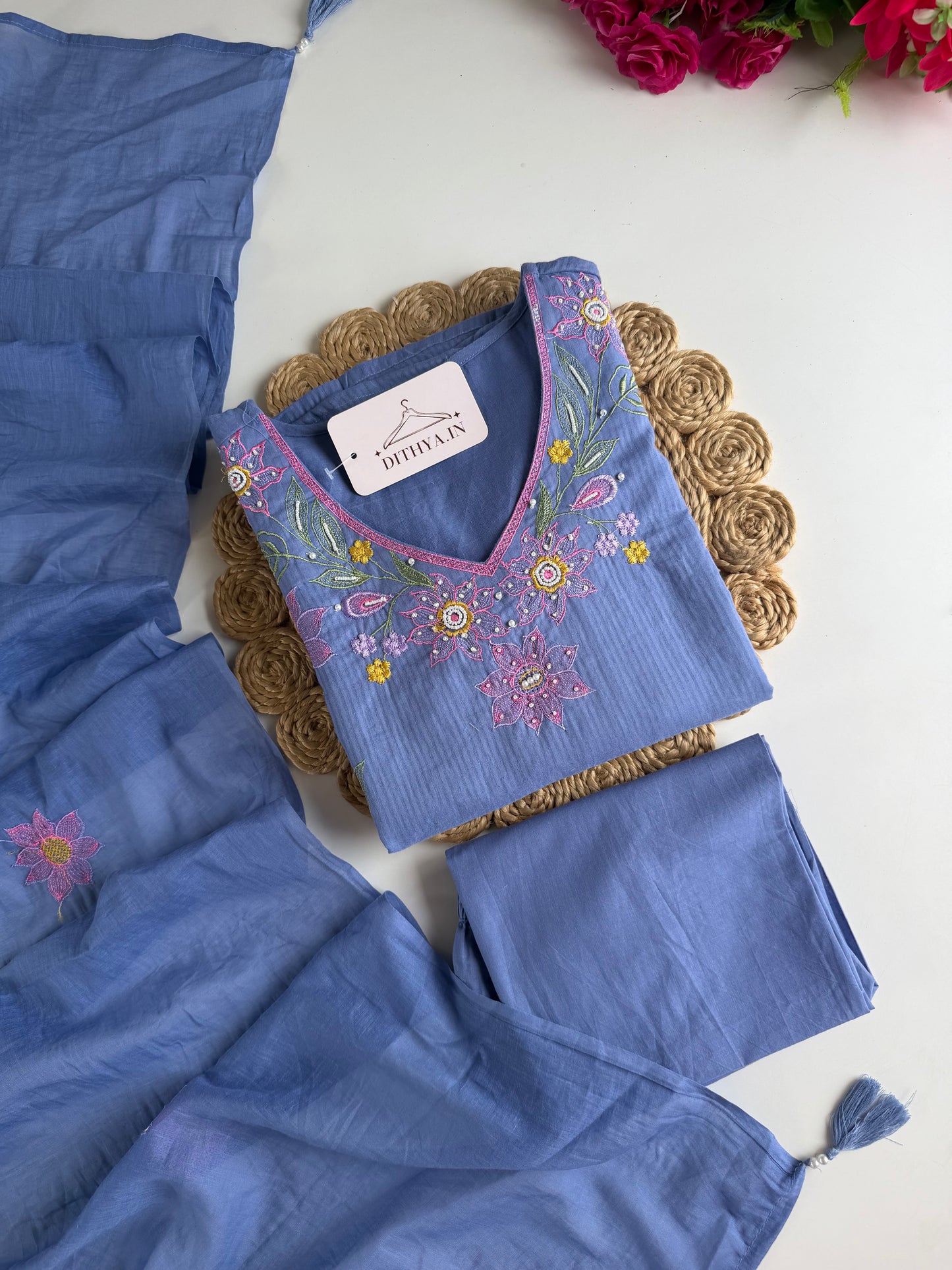 K235 - Mul cotton embroidered Aline Kurti with pants and dupatta