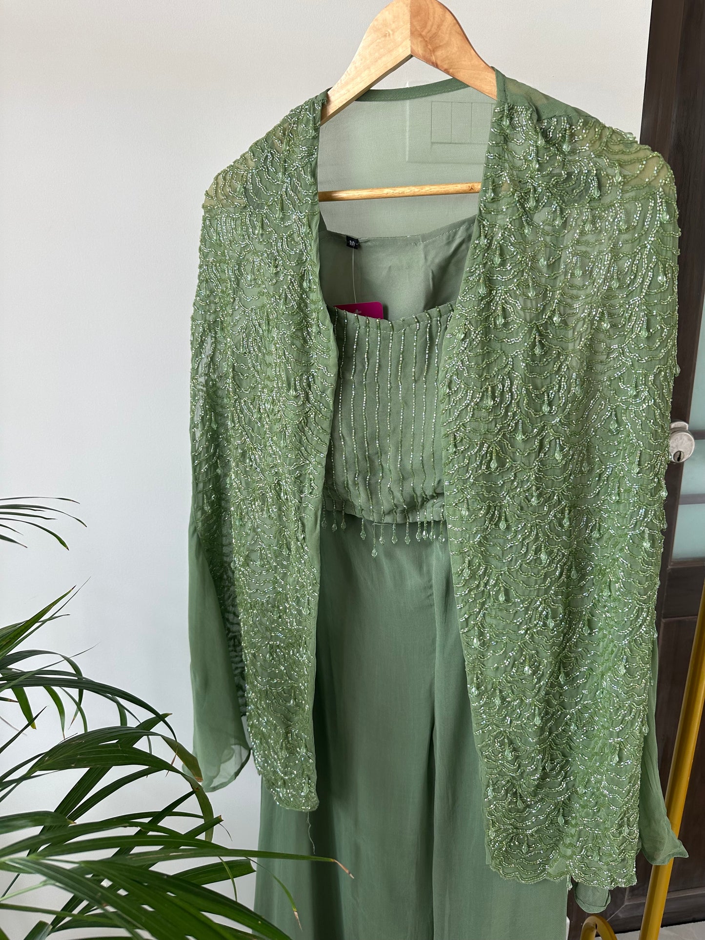 K267 - Viscose organza cutdhana crop top ,cape and palazzo