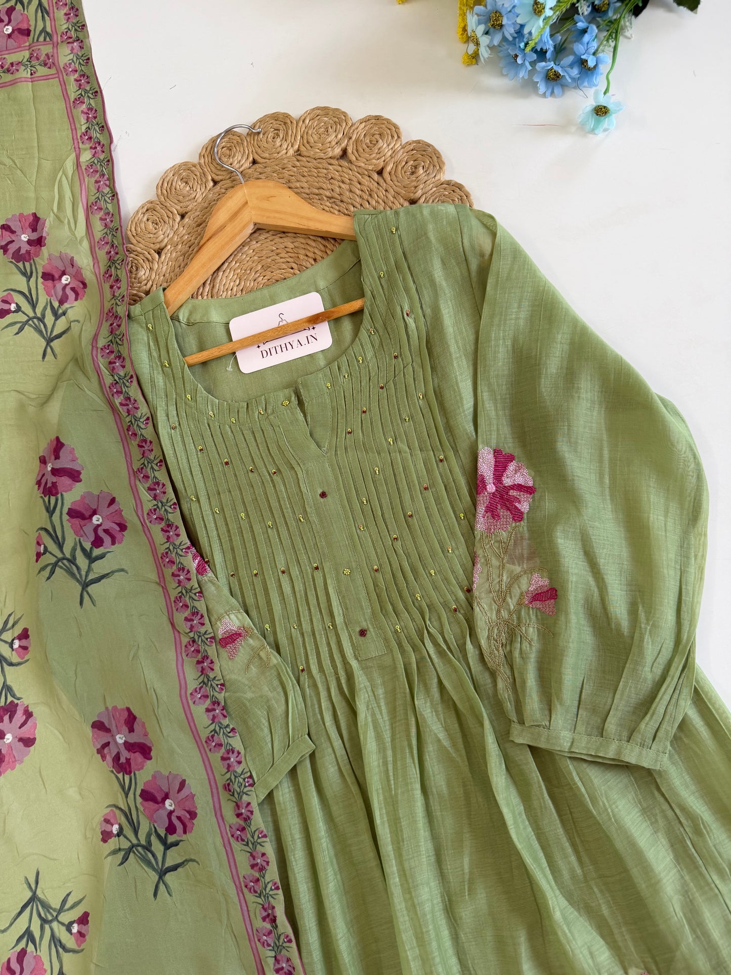 K600 - Mul chanderi embroidered Anarkali with pants and dupatta