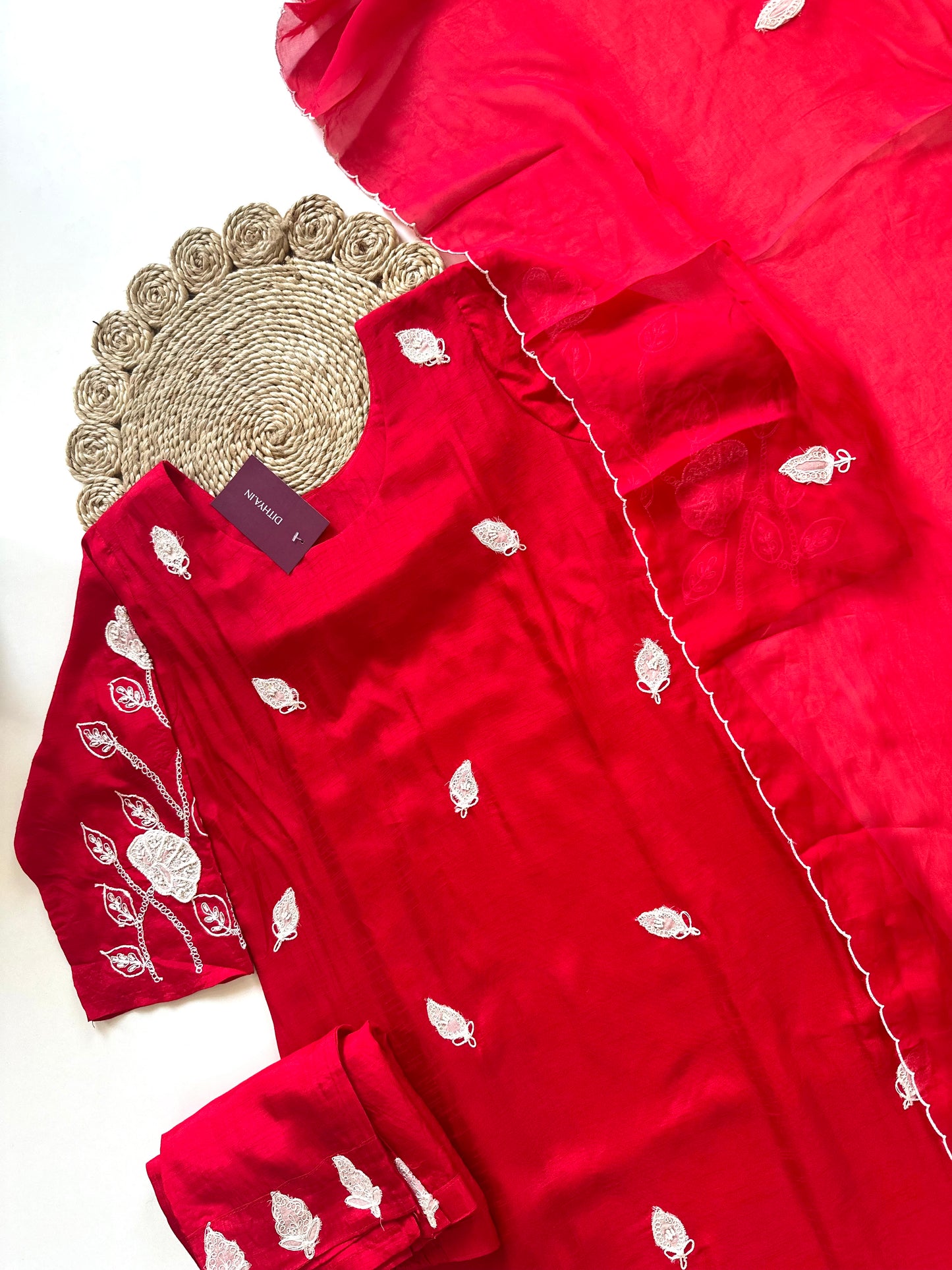 K162 - Russian silk Applique work straight kurti with pants and dupatta .