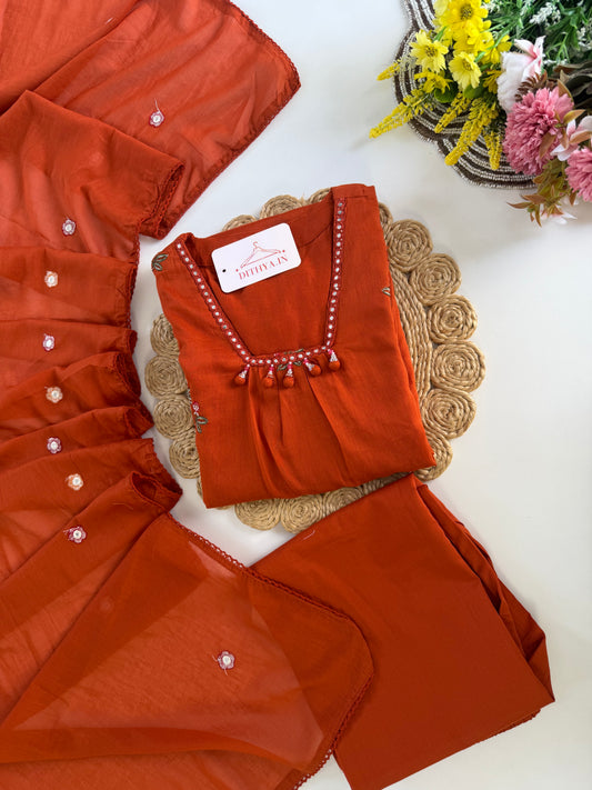 K372 - Mul cotton embroidered Anarkali with pants and dupatta