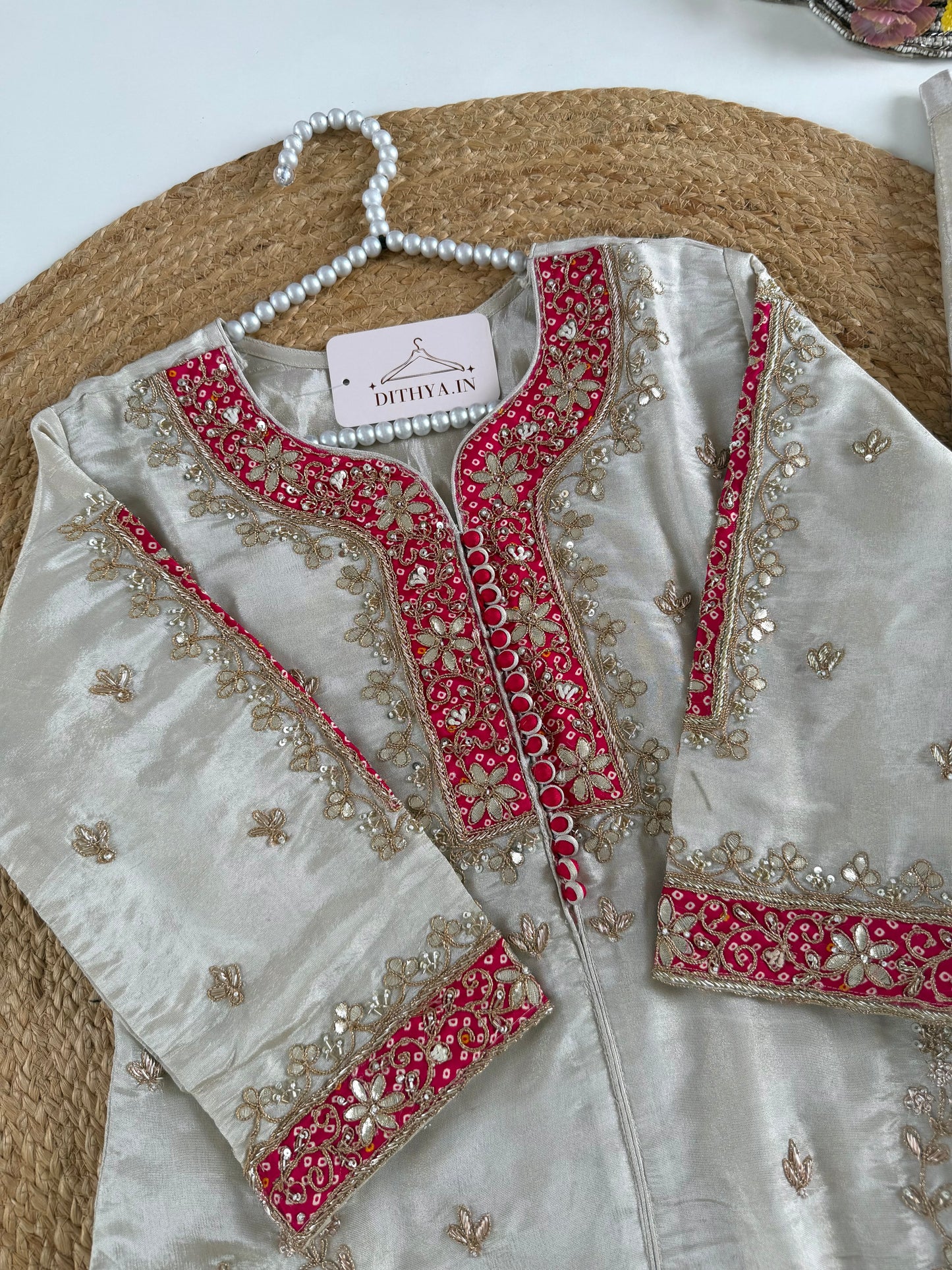 K225 - Tissue silk gota handwork short Kurti with divider pants
