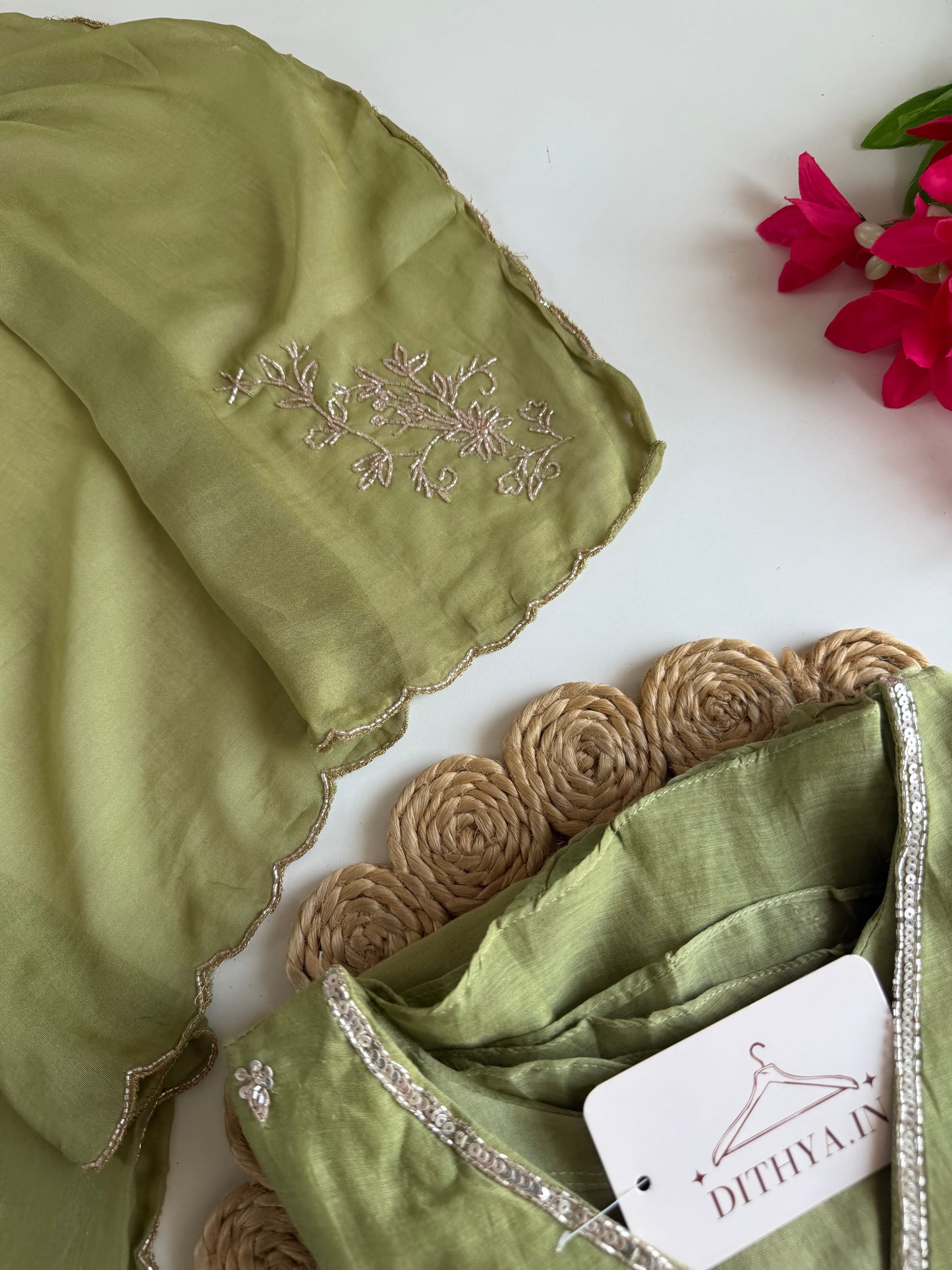 K638 - Mul chanderi handwork Aline Kurti with pants and dupatta