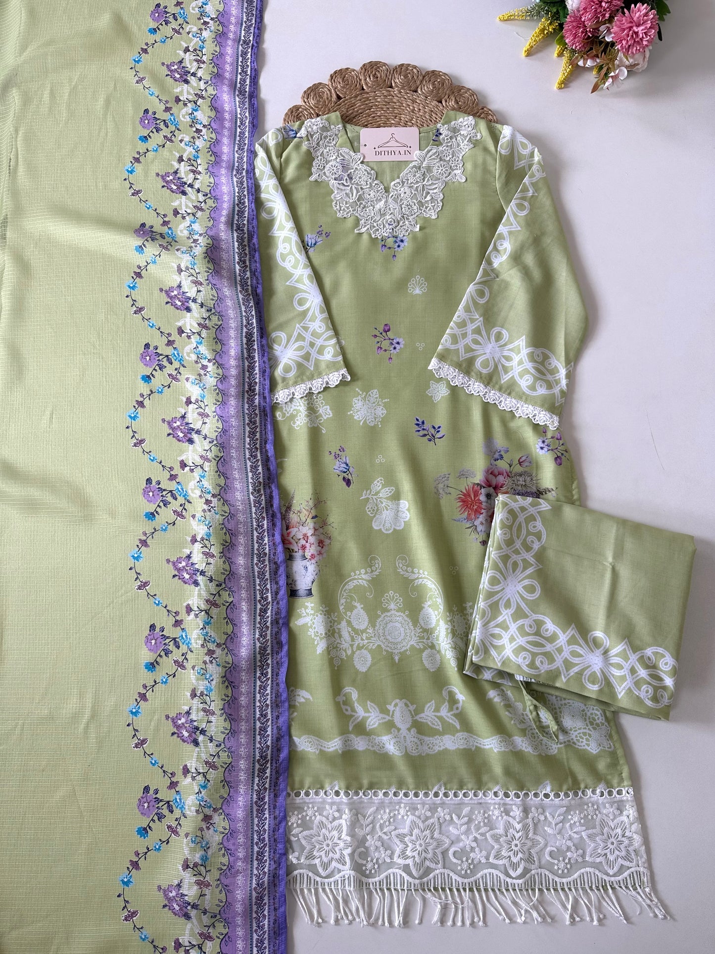 K023 - Mul cotton embroidered straight kurti with pants and dupatta