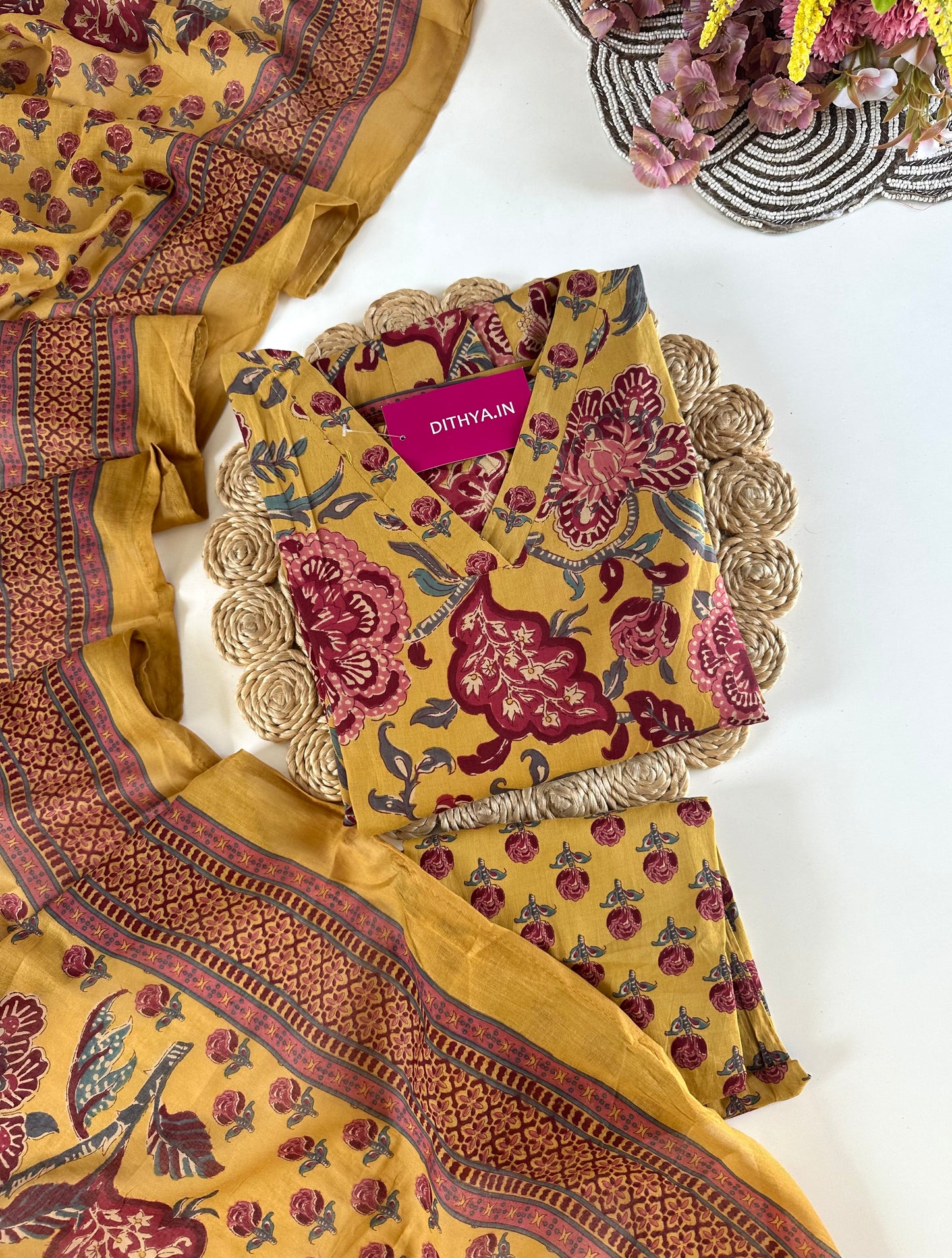 K674 - Mul cotton floral printed Anarkali with pants and dupatta