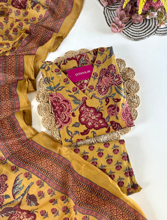 K674 - Mul cotton floral printed Anarkali with pants and dupatta