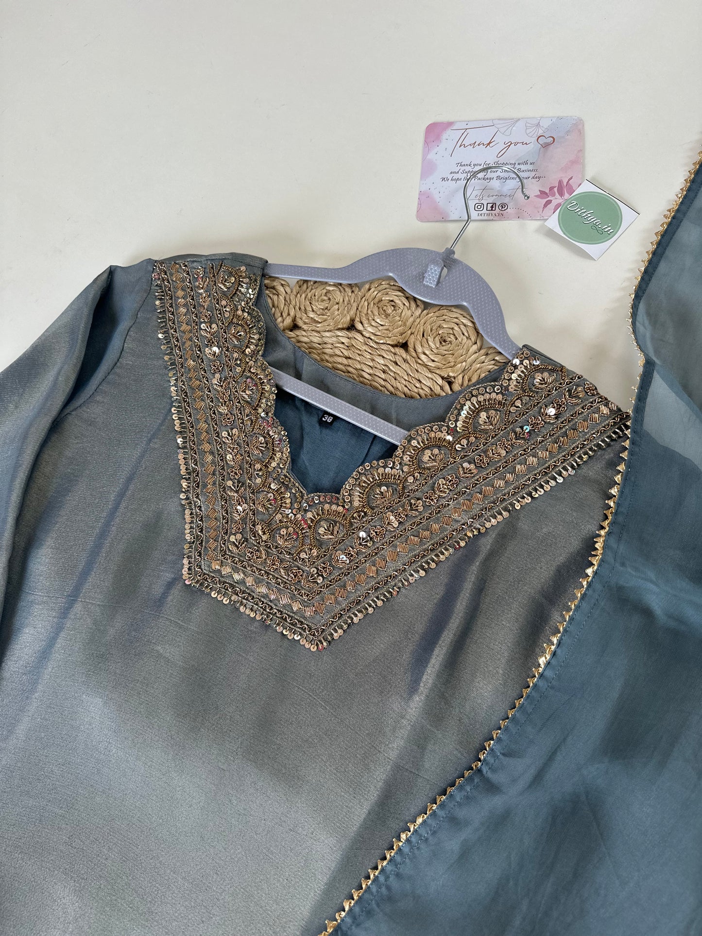 K156 - Shimmer Tissue silk Zardosi work straight kurti with straight pants and organza dupatta .