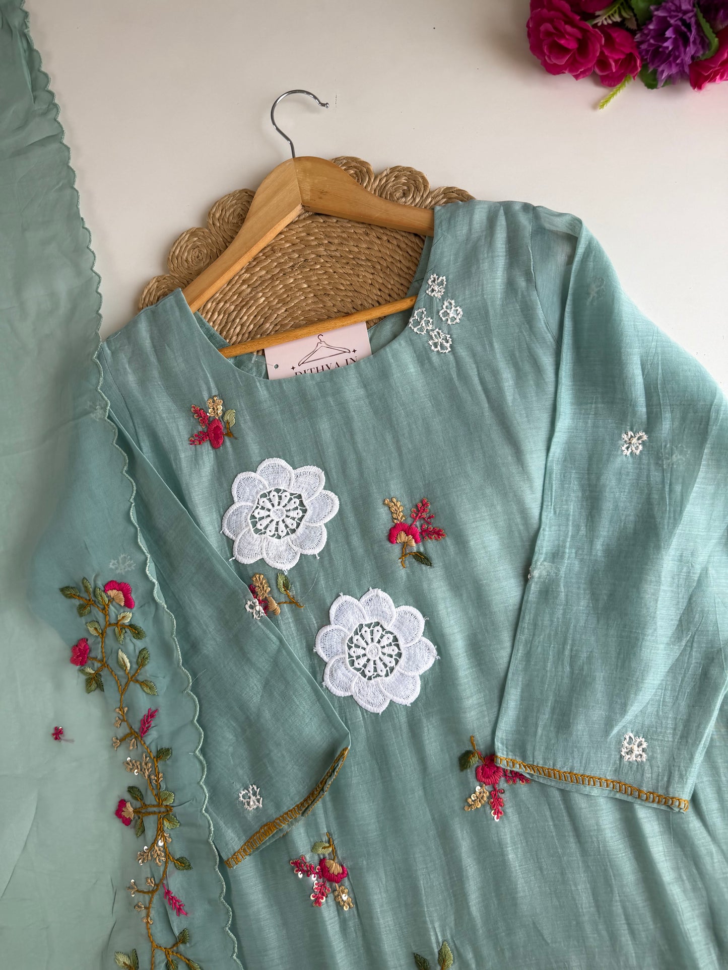 K411 - Mul chanderi appliqué embroidered Aline Kurti with pants and dupatta