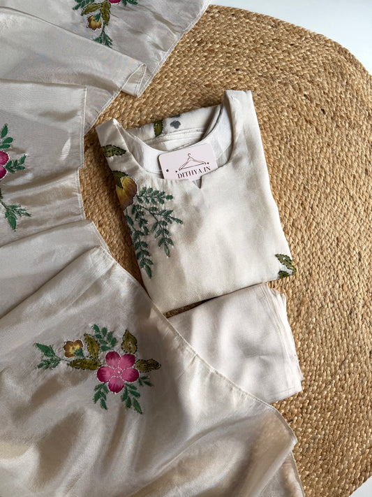 K543 - Tissue silk handwork Aline Kurti with pants and dupatta