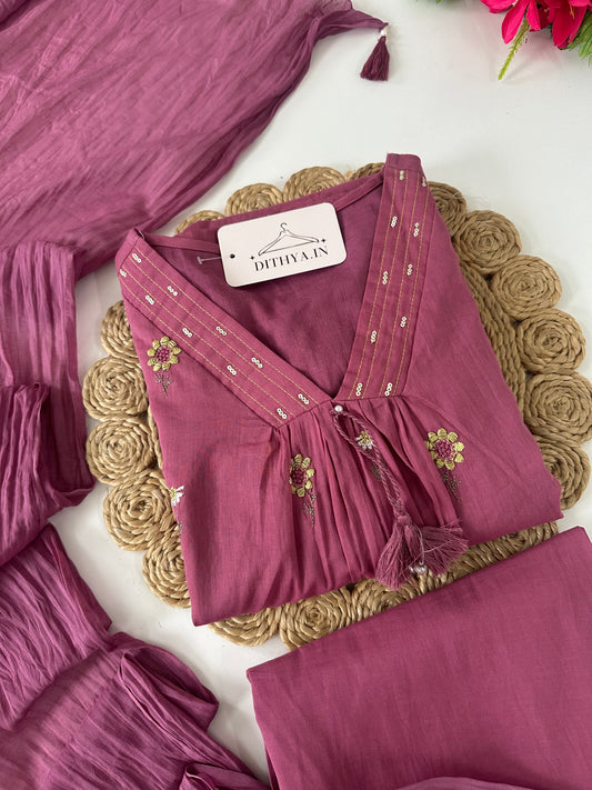 K395 - Mul cotton embroidered Aline Kurti with pants and dupatta in 3 colours