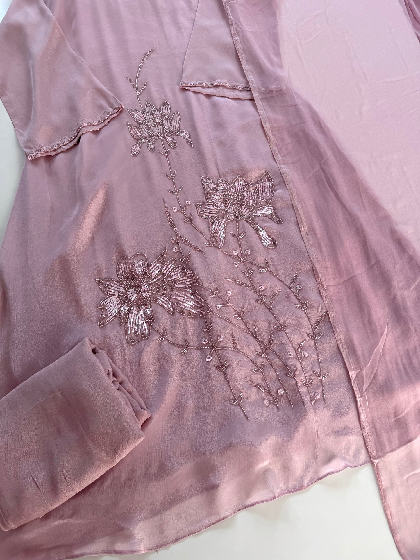 K308 - Chinnon handwork Aline Kurti with pants and dupatta