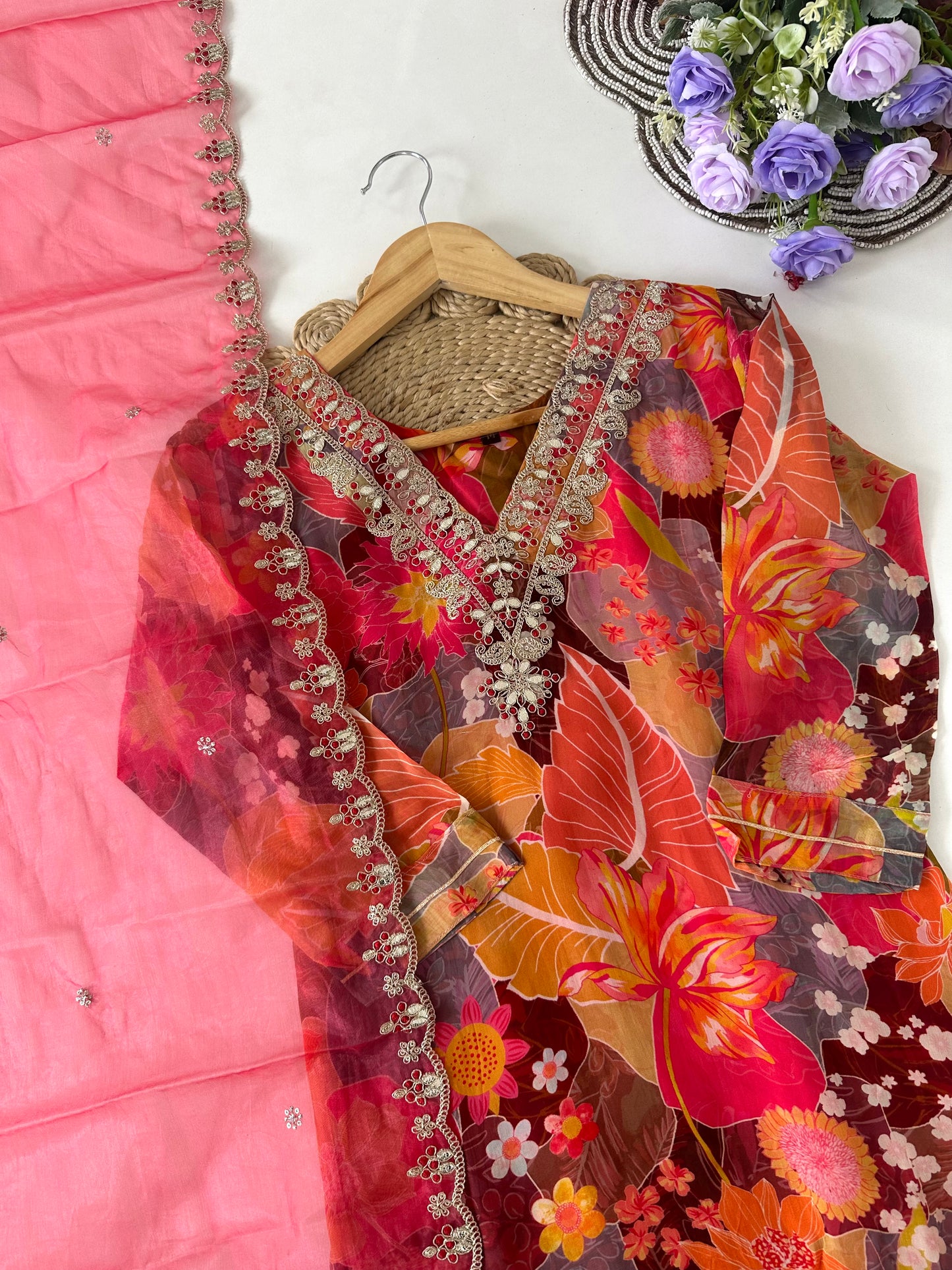 D051 -Viscose organza straight kurti with pants and dupatta