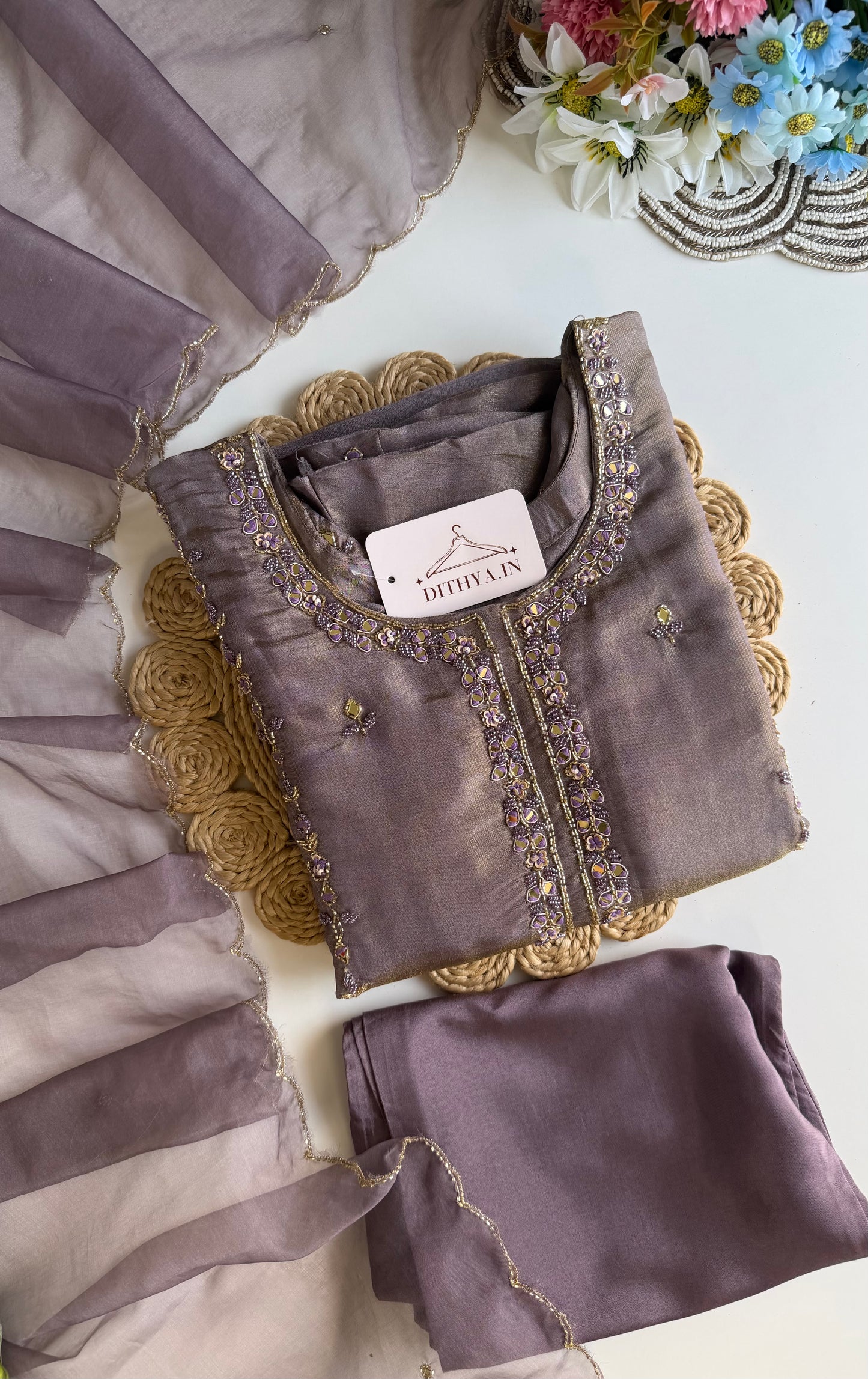 K635 - Tissue silk handwork Anarkali with pants and dupatta