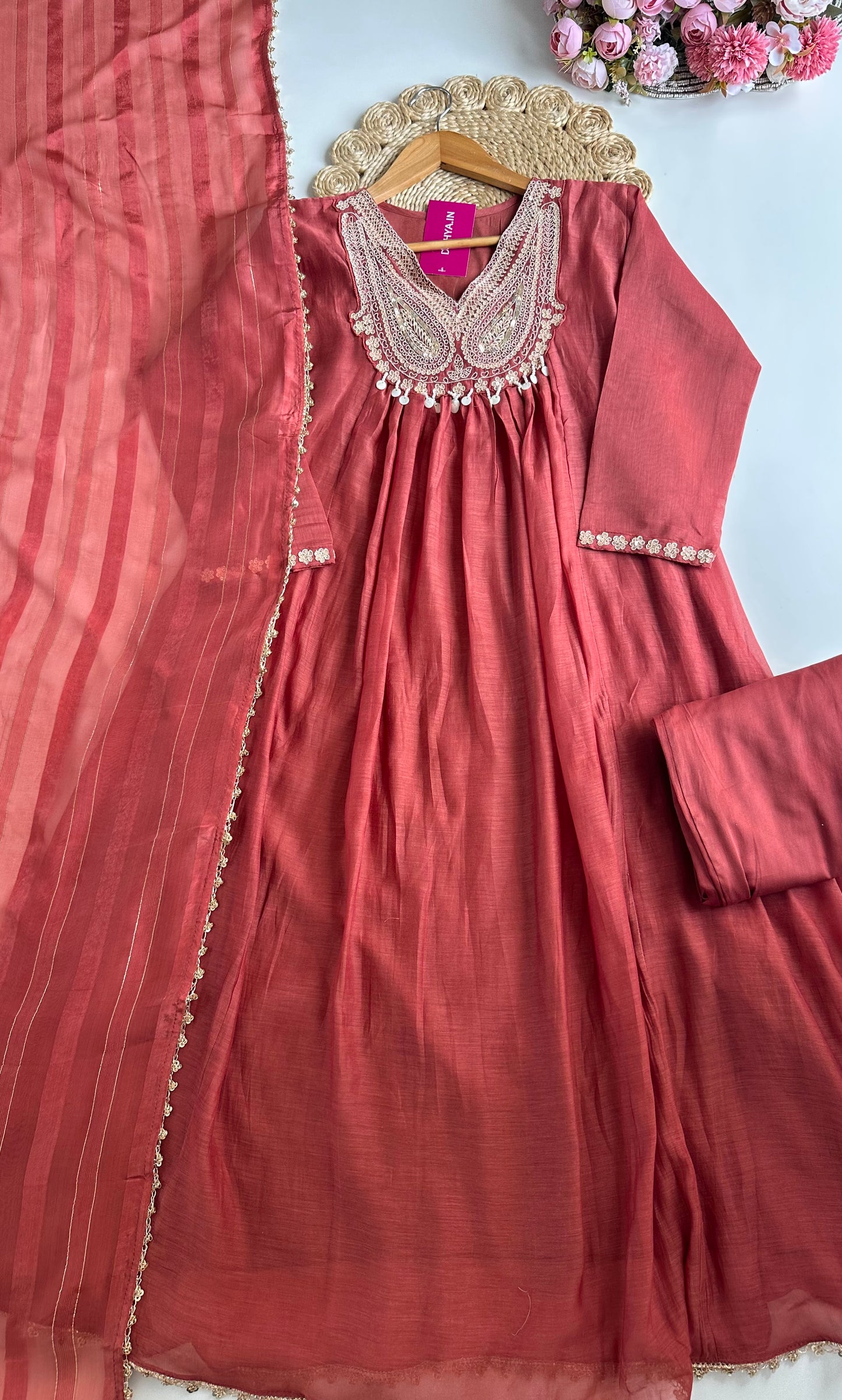 K093 - Mul Chanderi handwork Aline Kurti with pants and dupatta in 2 colours