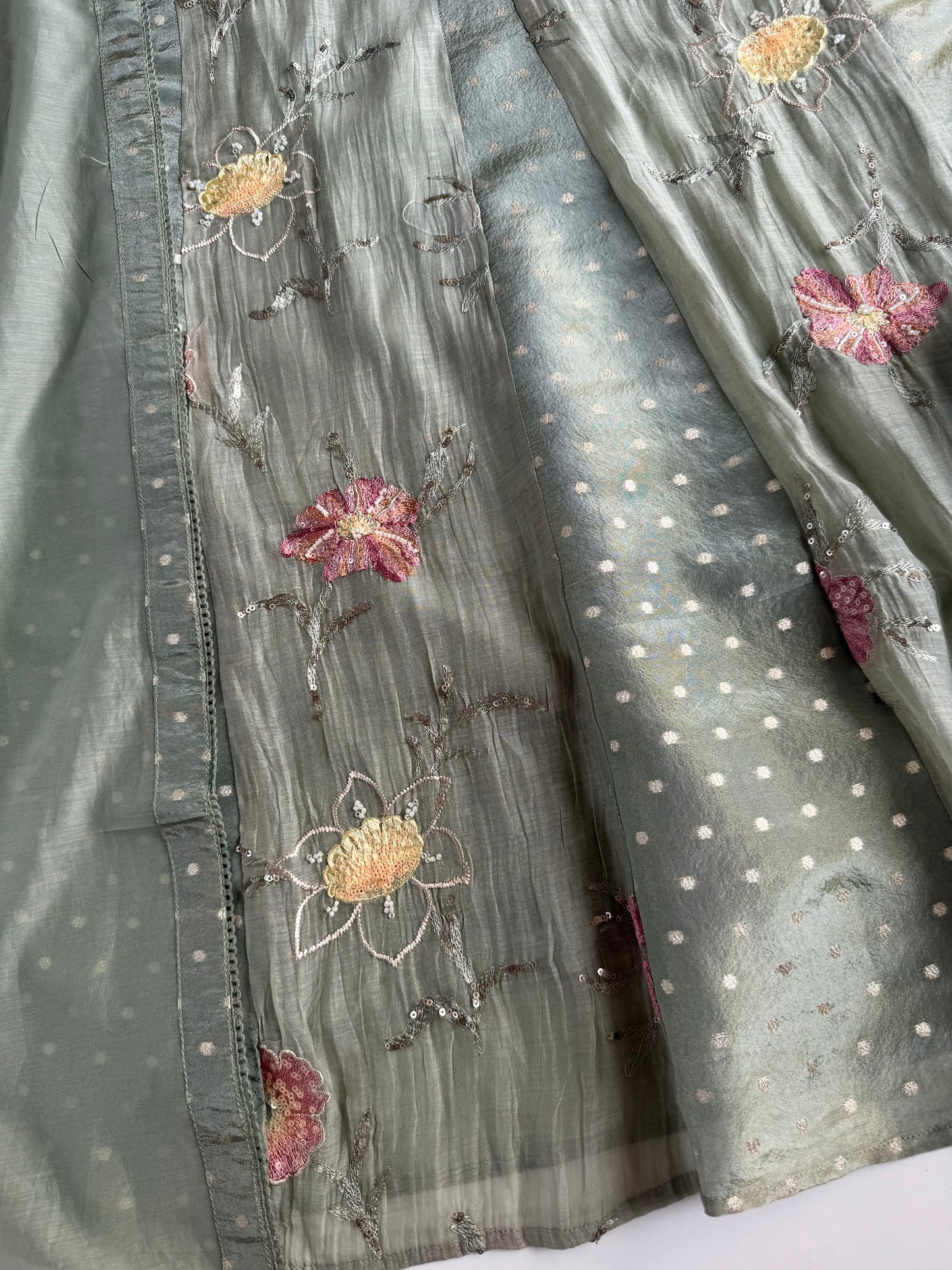 K606 - Mul chanderi tissue embroidered Anarkali with pants and dupatta