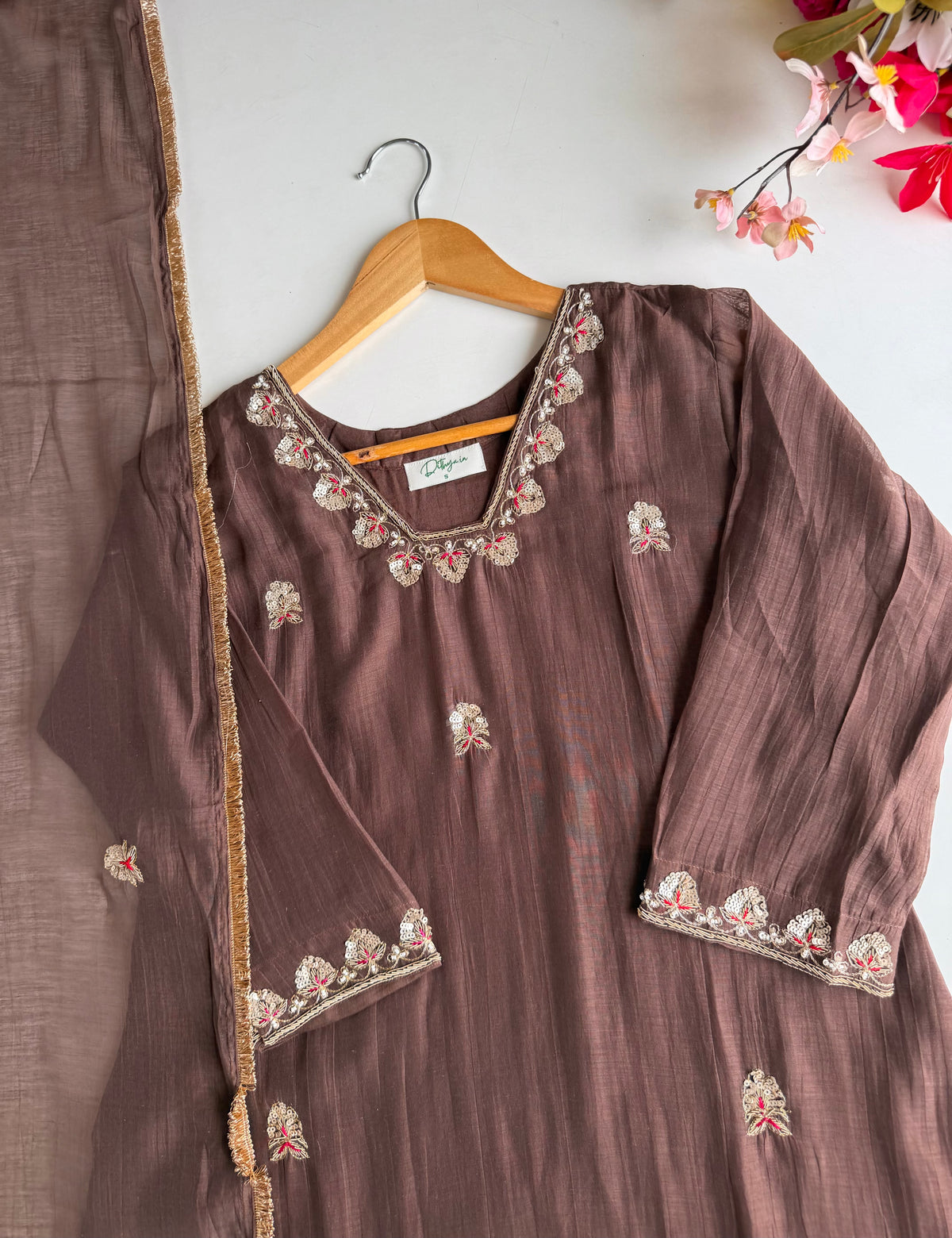 K165 - Mul chanderi handwork Aline Kurti with pants and dupatta