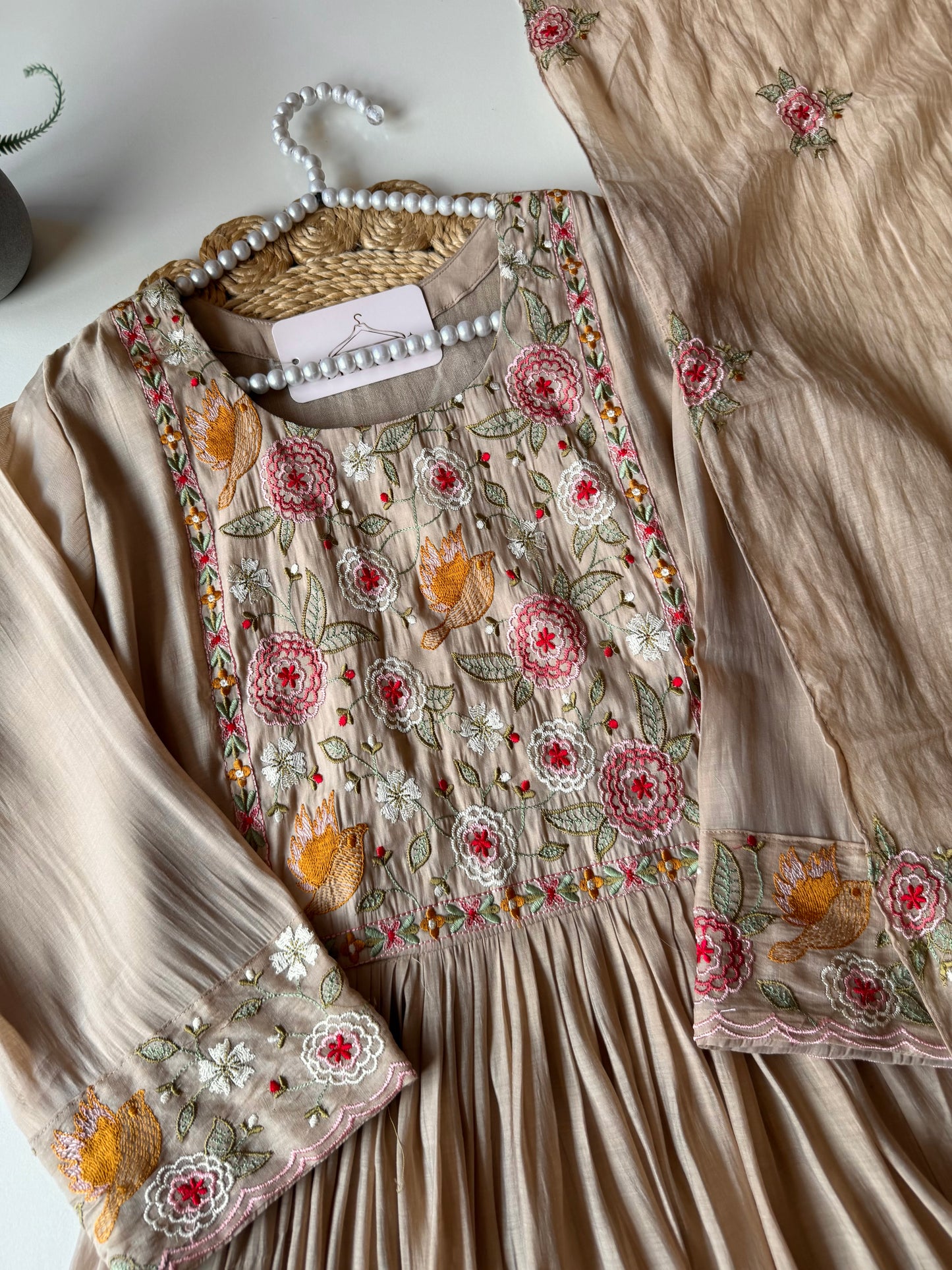 K140 - Mul chanderi embroidered Anarkali with pants and dupatta