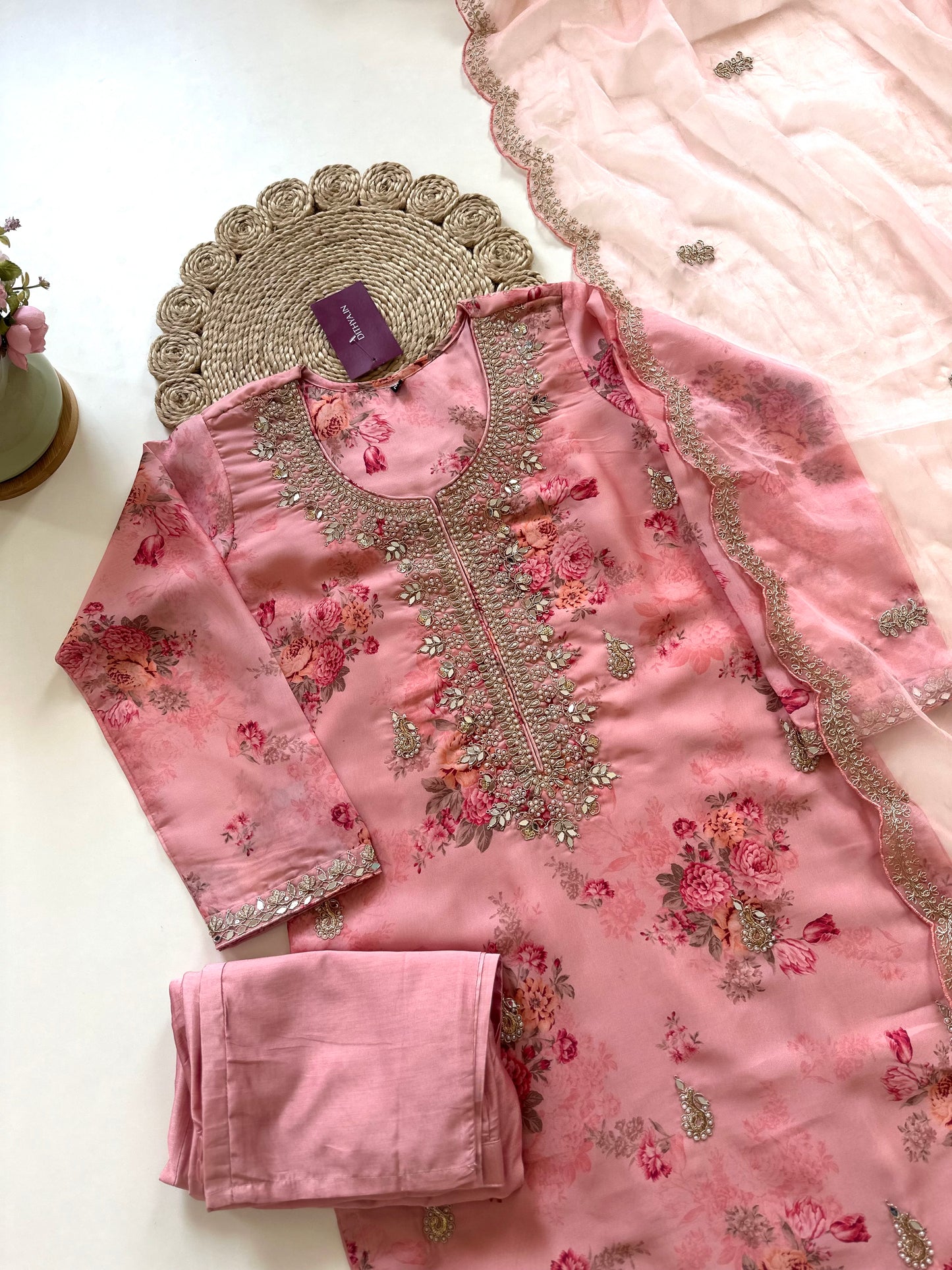 K001 - Organza Hand work Floral straight kurti with pants and dupatta in 2 colours