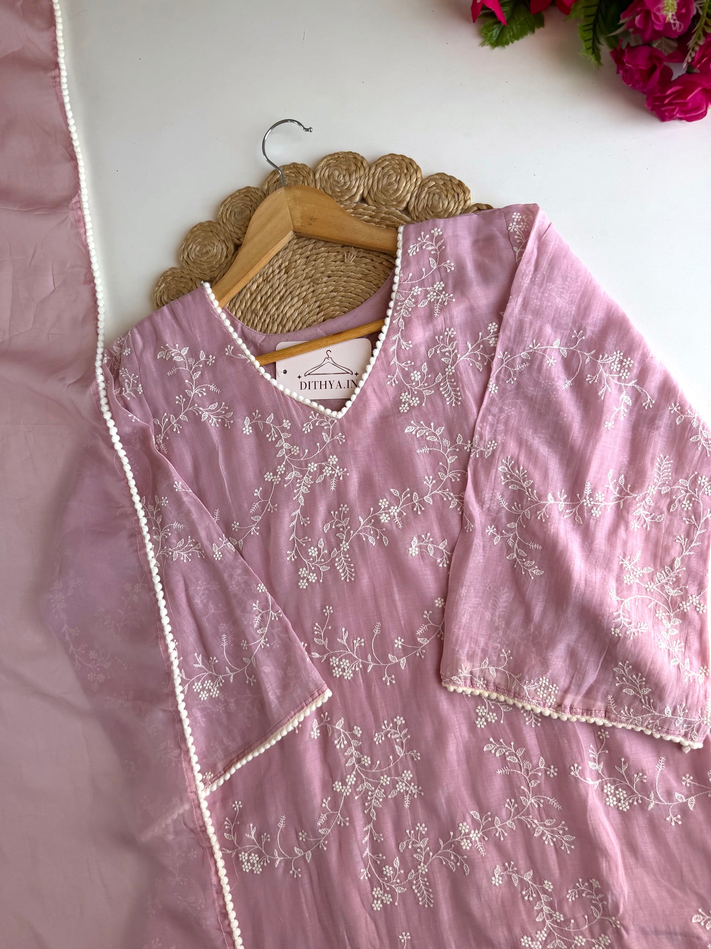 K464 - Mul chanderi embroidered Anarkali with pants and dupatta