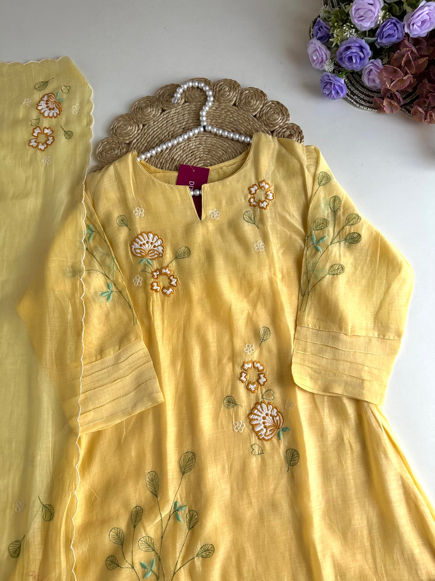 K086 - Mul Chanderi Appliqué work Aline Kurti with pants and dupatta