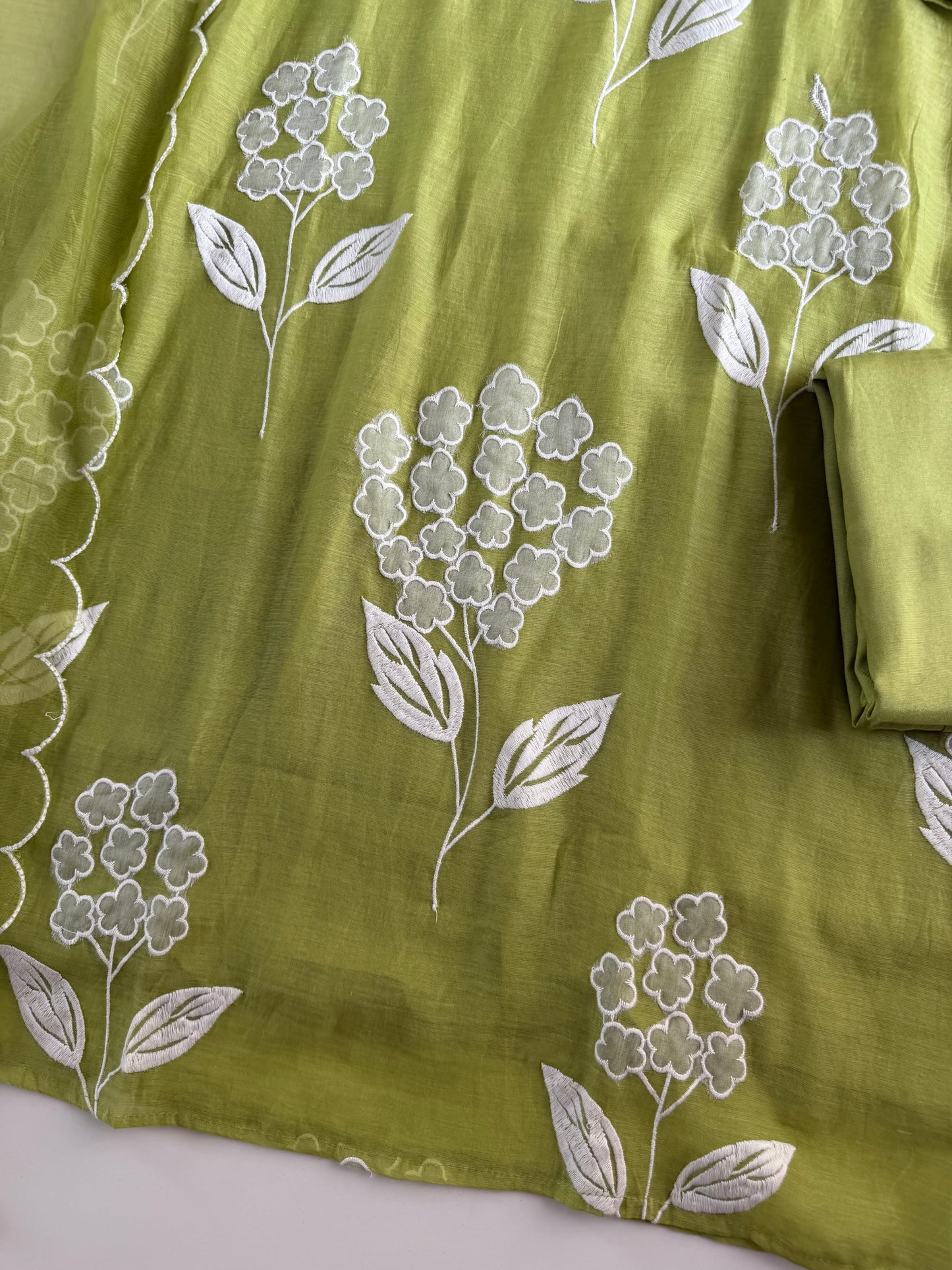 K537 - Mul chanderi appliqué work aline Kurti with pants and dupatta in 2 colours