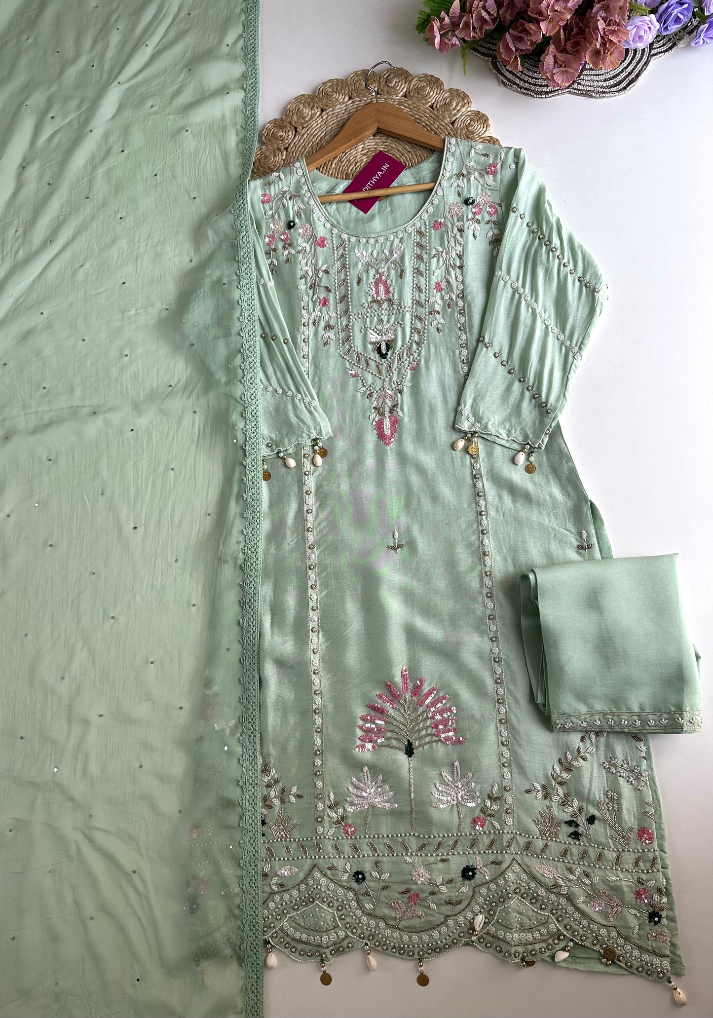 K188 - Russian silk handwork straight Kurti with pants and dupatta
