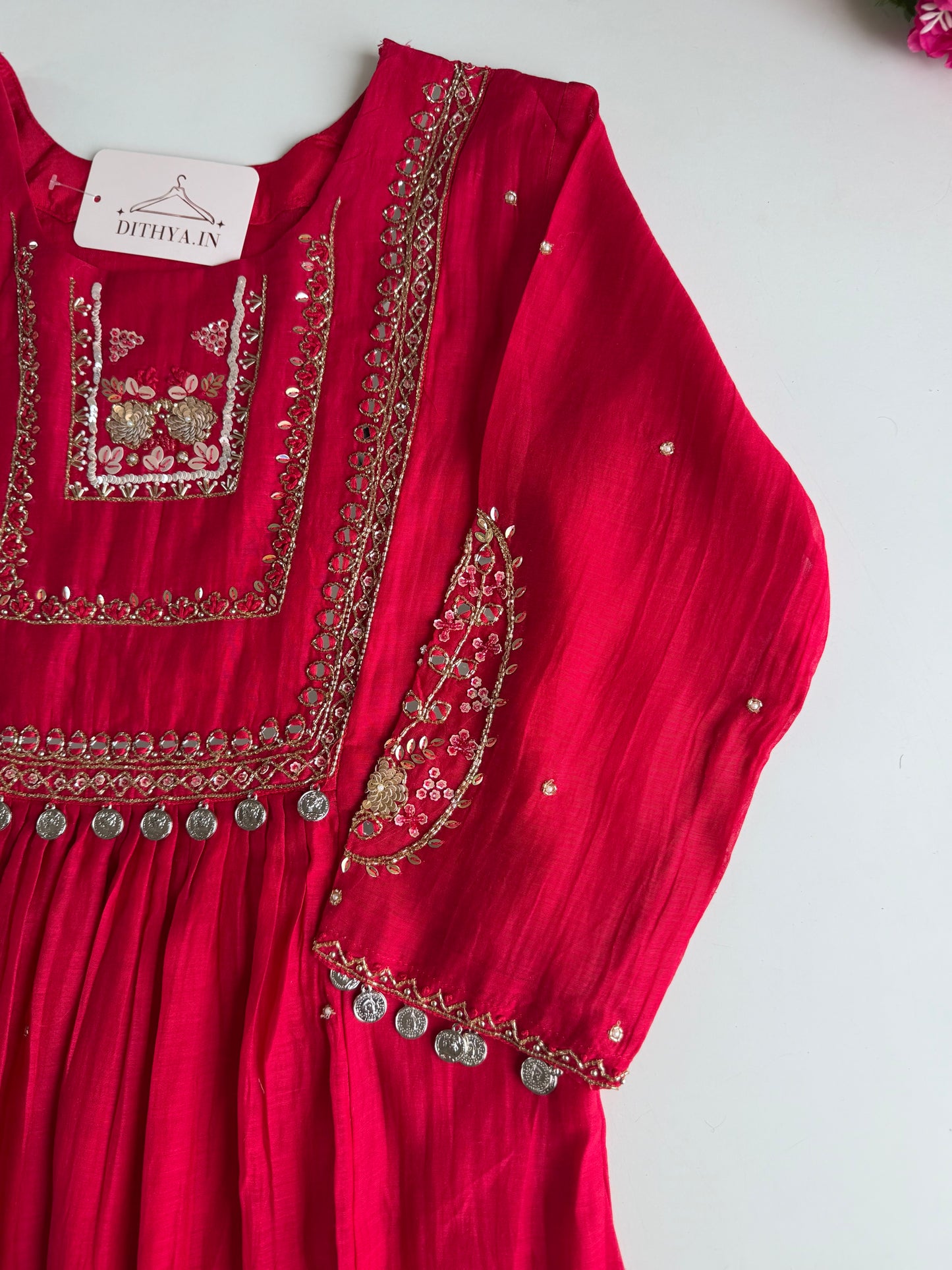 K229 - Mul chanderi handwork aline Kurti with pants and dupatta