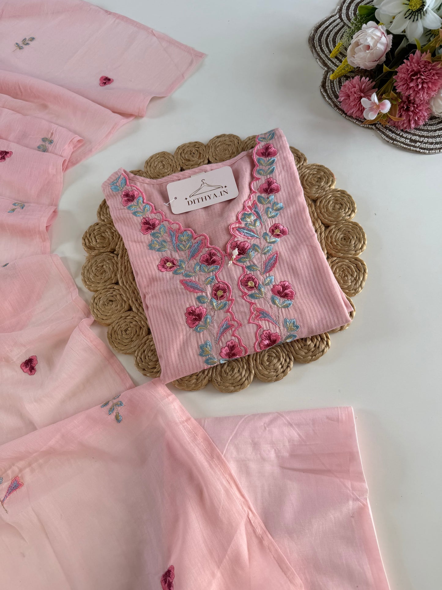 K622 - Mul cotton embroidered straight Kurti with pants and dupatta