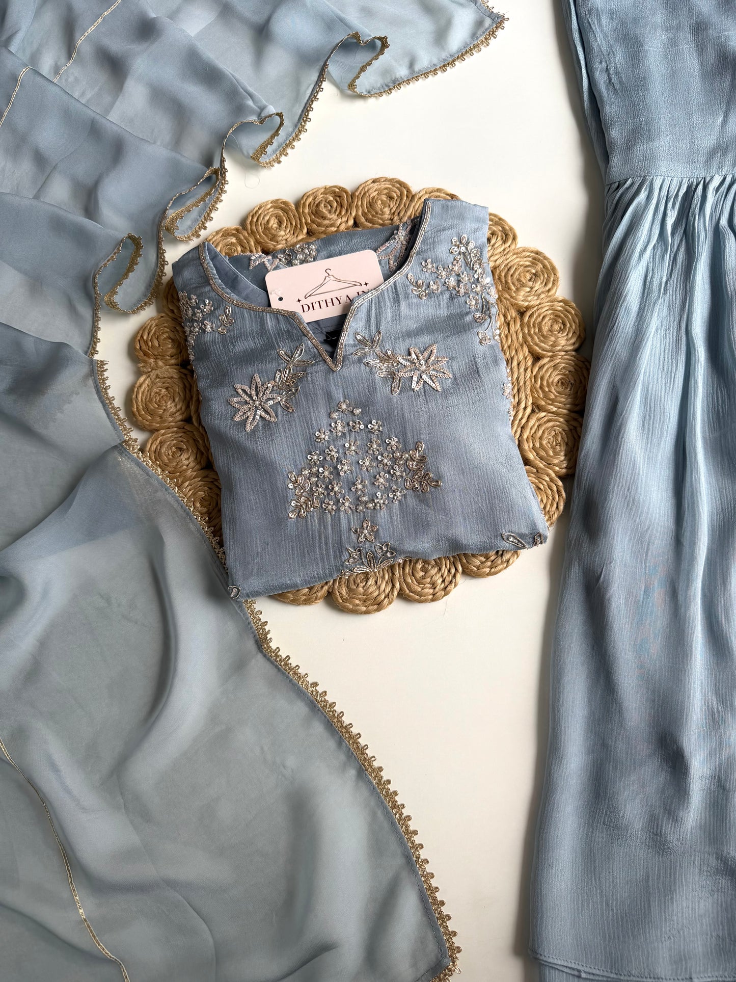 K670 - Pure Chinnon handwork short Kurti with pants and dupatta