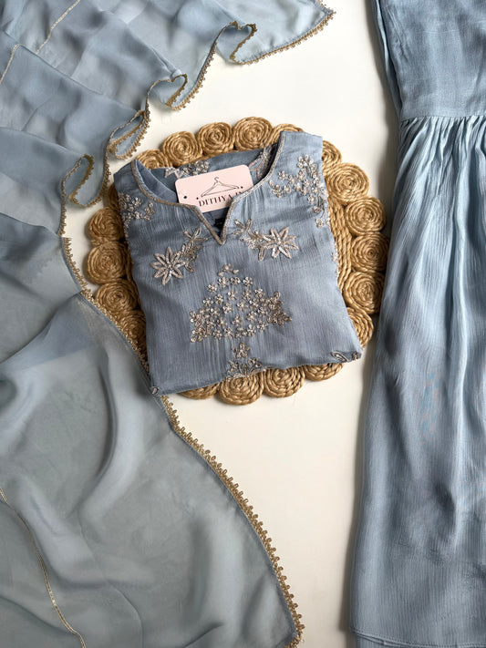 K670 - Pure Chinnon handwork short Kurti with pants and dupatta