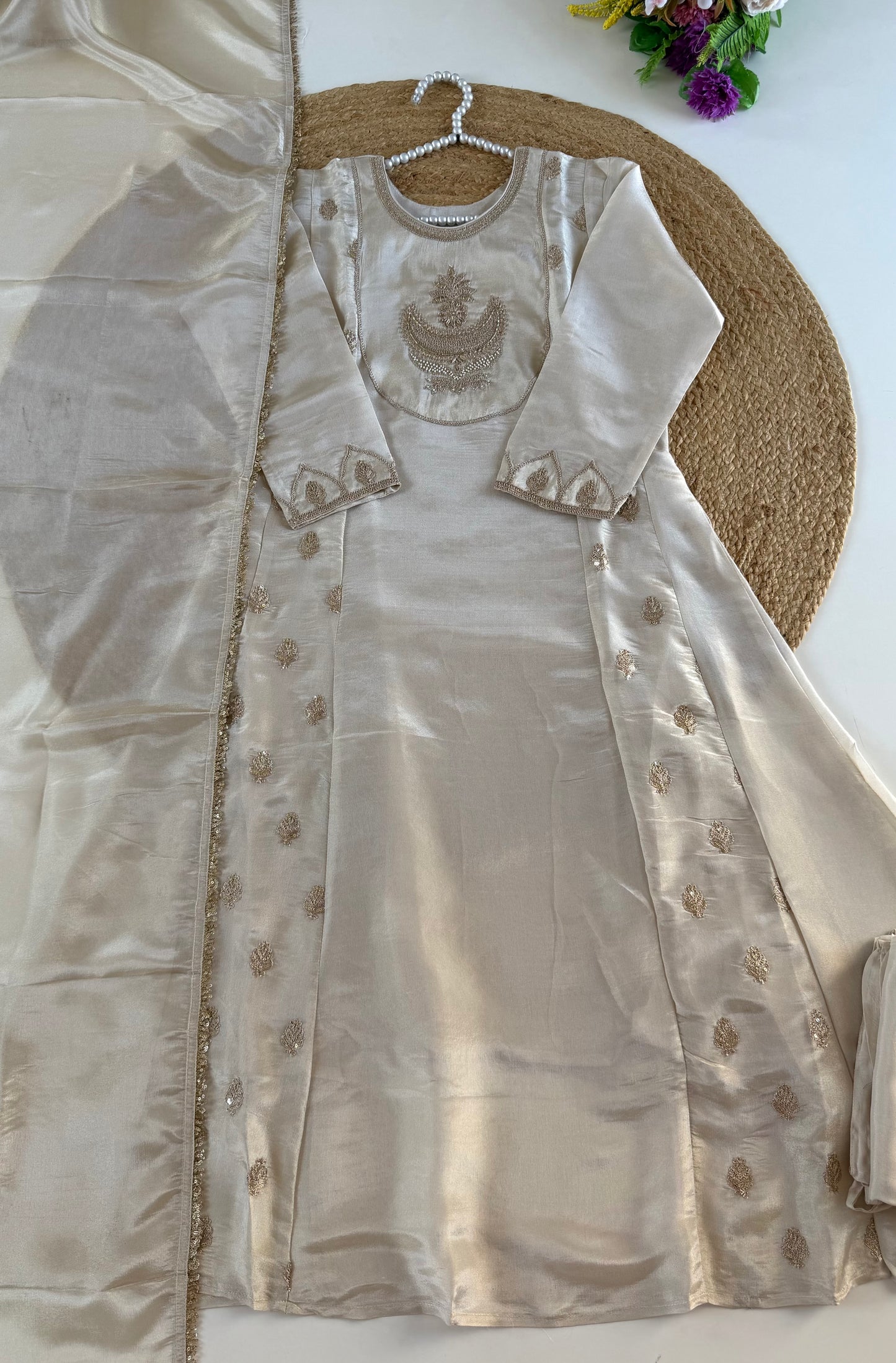 K028 - Tissue silk zari work aline Kurti with pants and dupatta