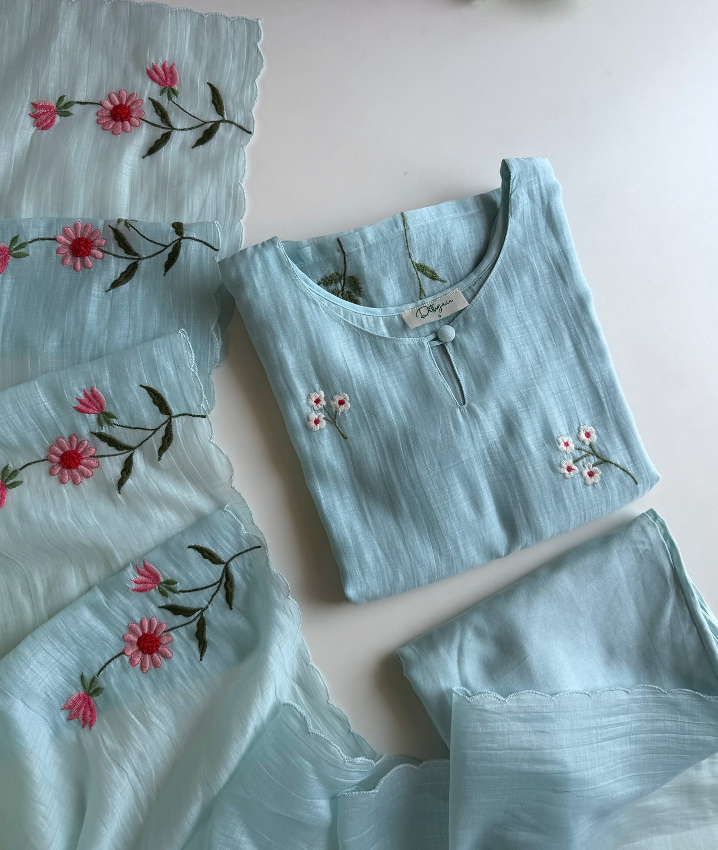 Mul Chanderi embroidered straight Kurti with pants and dupatta