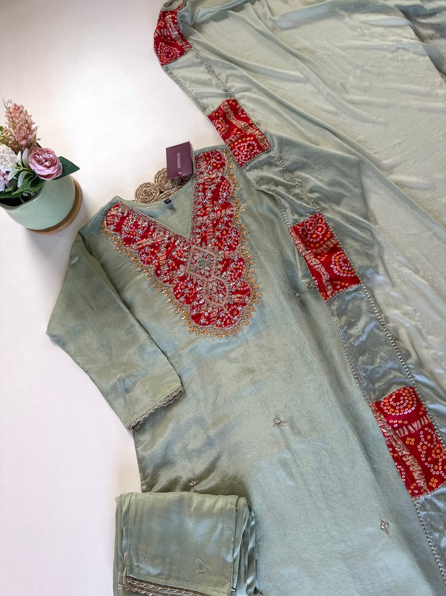 K047 - Tissue silk Bandhini Print straight kurti with parallel pants and dupatta .