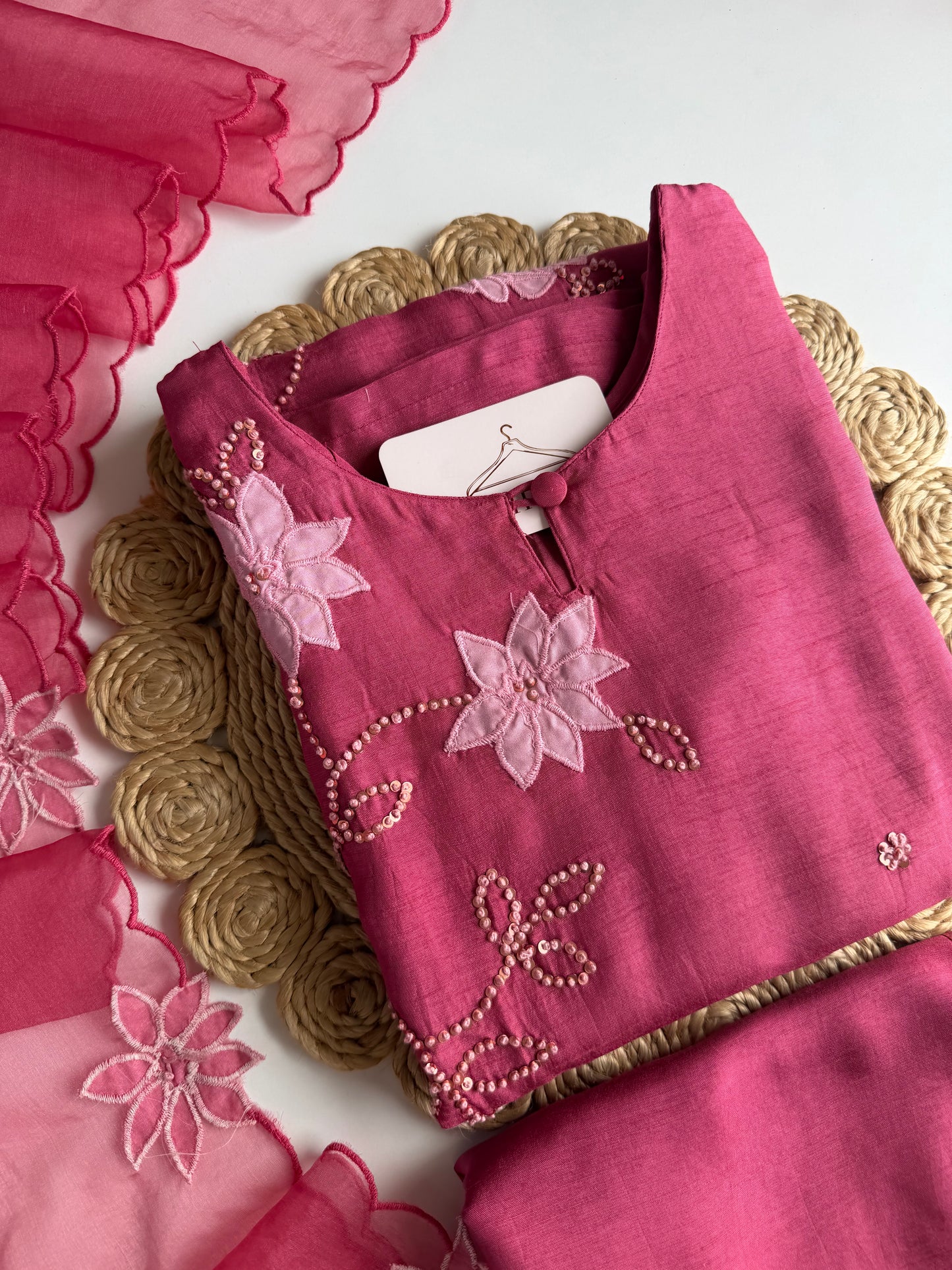 K119 - Russian silk appliqué handwork straight Kurti with pants and dupatta