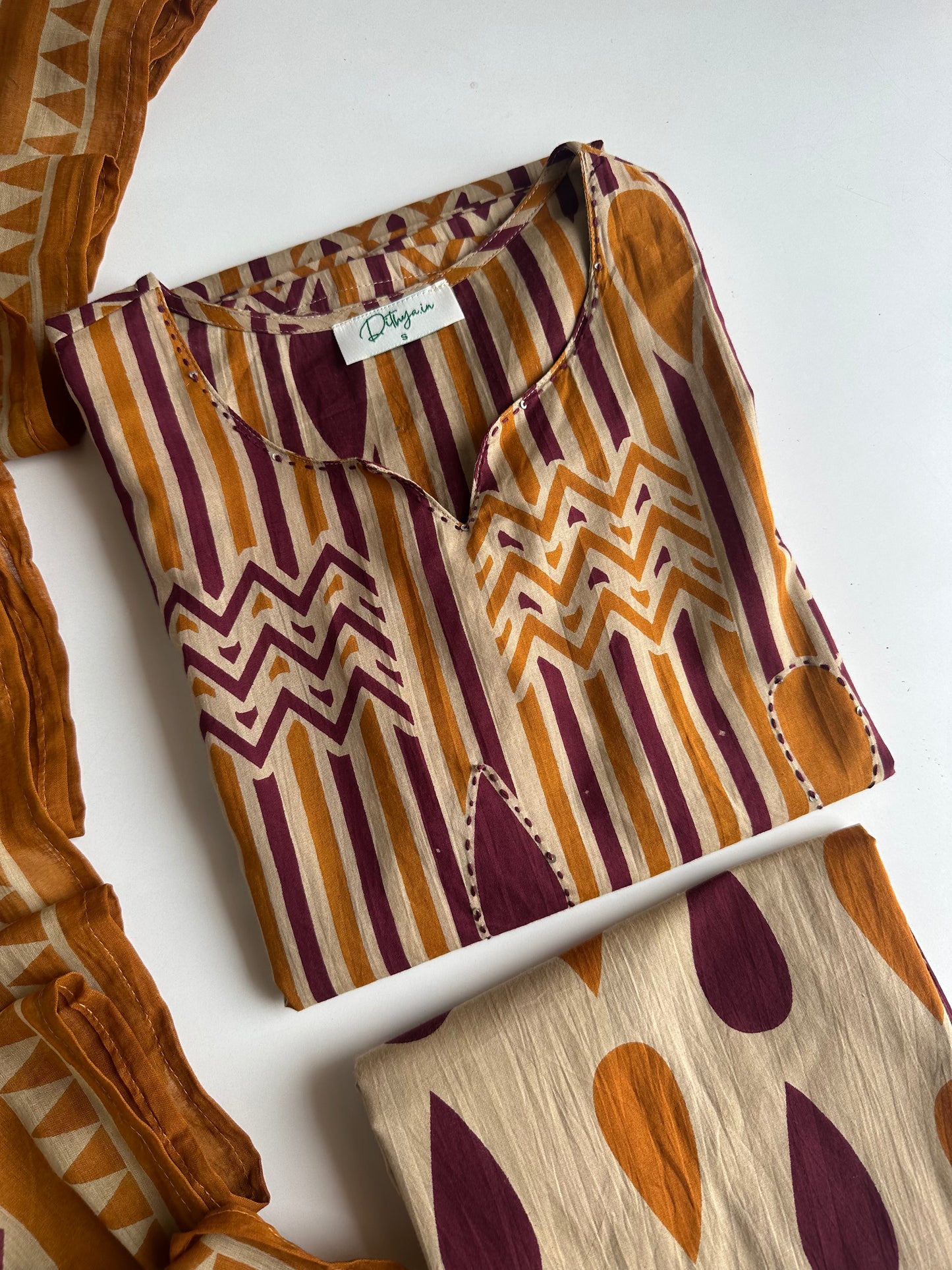 K474 - Mul cotton embroidered straight Kurti with pants and dupatta