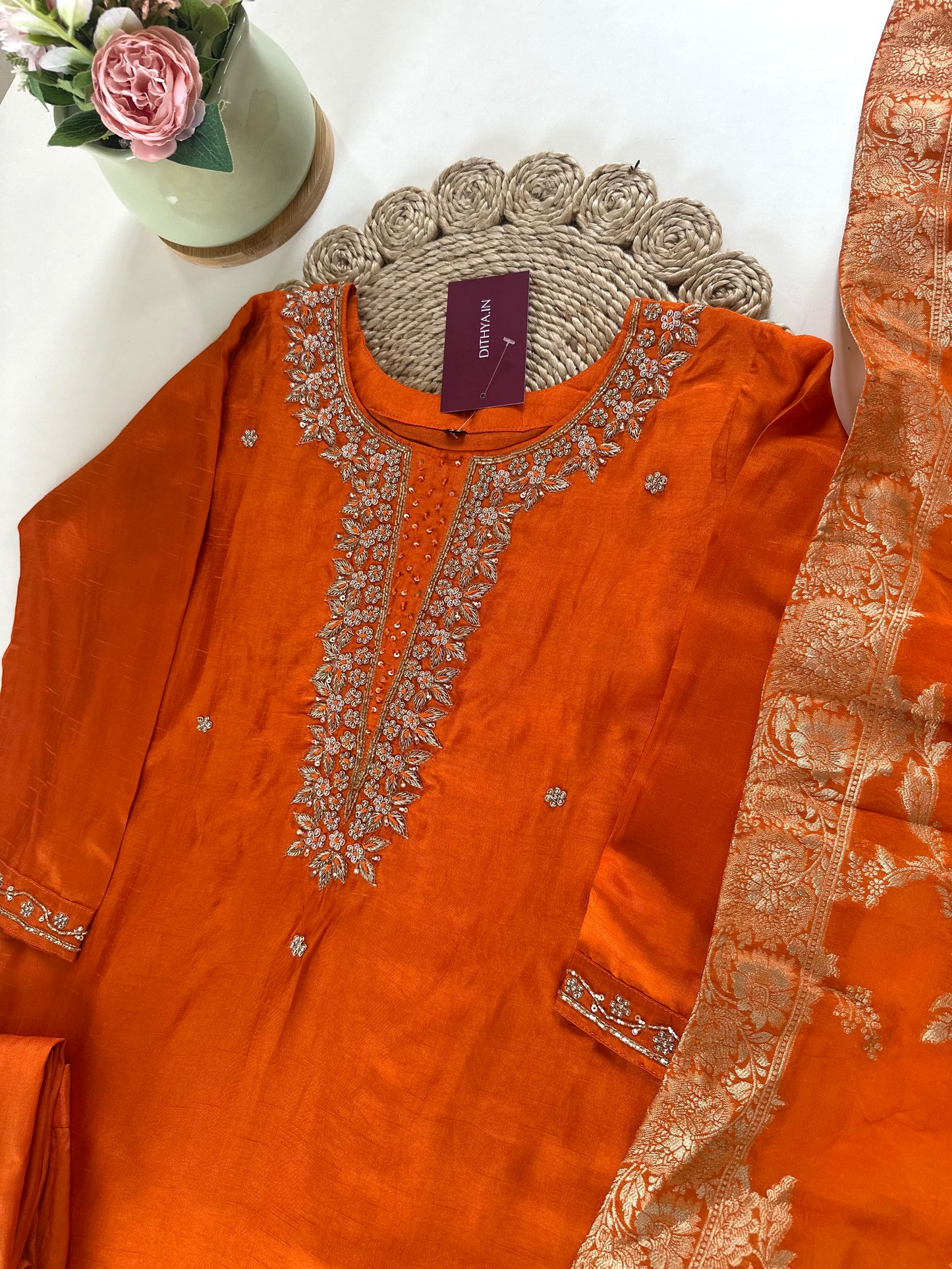 K265 - Russian silk handwork Straight kurti with straight pants and Banarasi silk dupatta .