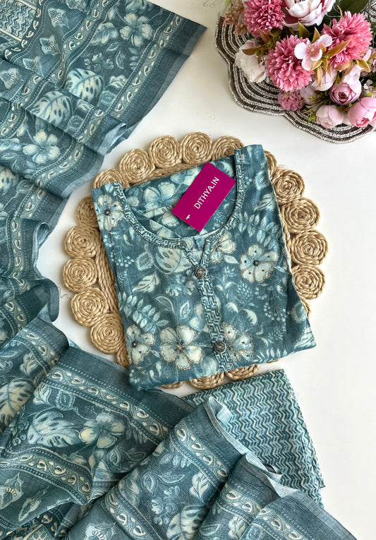 K054 - Cotton muslin floral straight Kurti with pants and dupatta