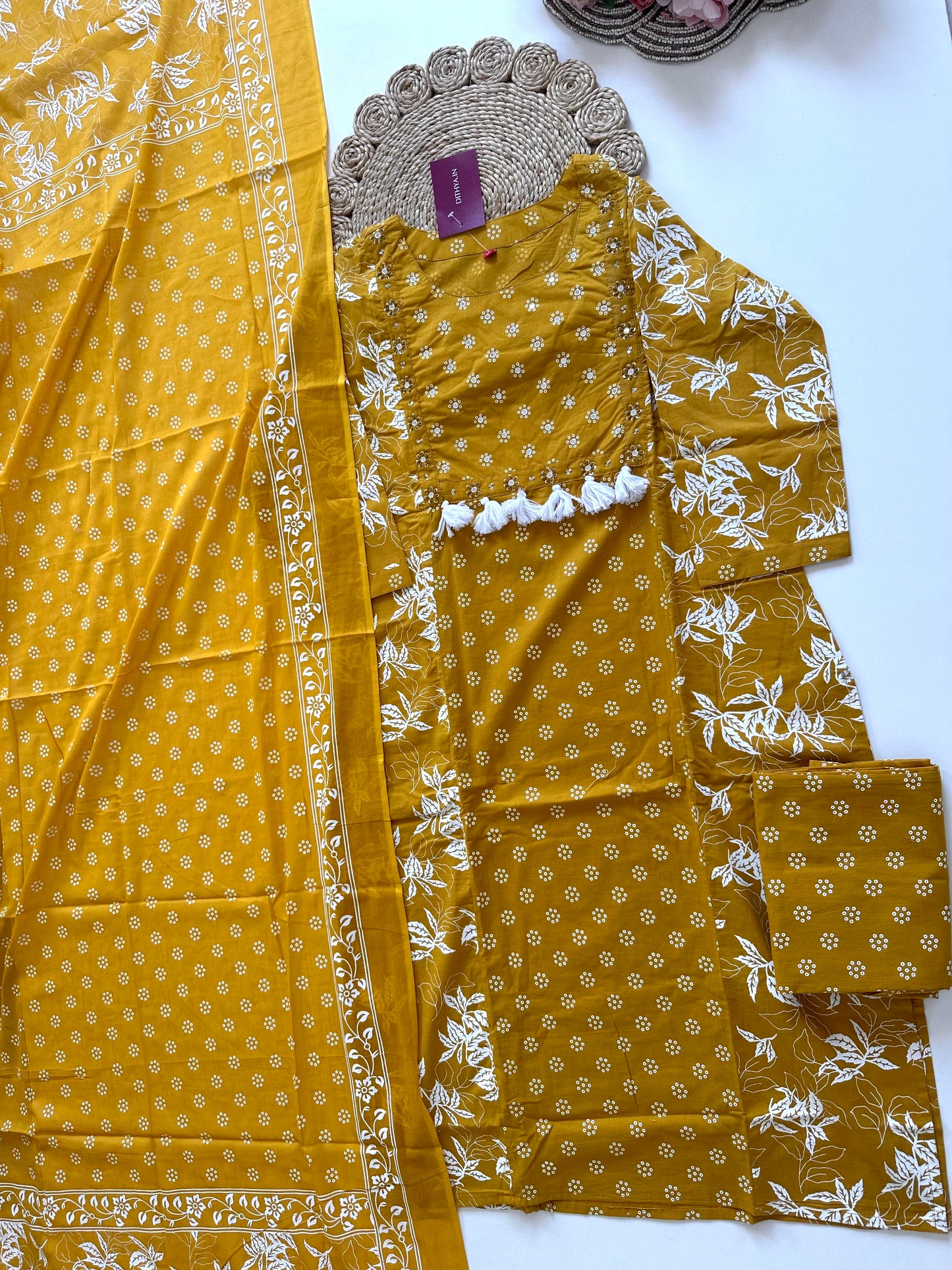 K386 - Cotton printed straight kurti with pants and dupatta.