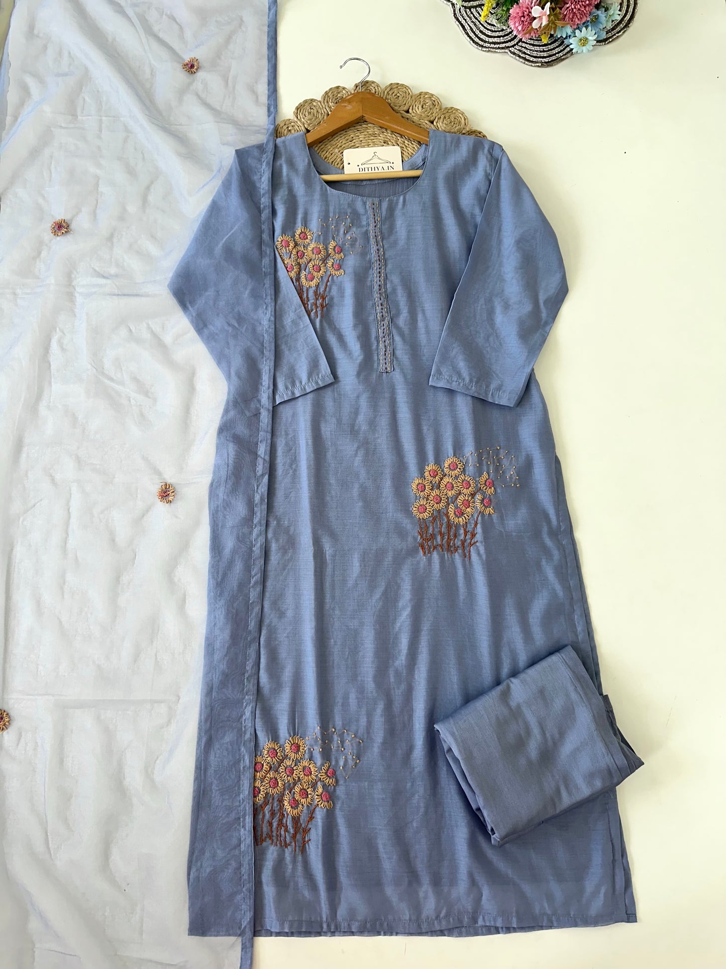 K213 - Mul cotton embroidered straight Kurti with pants and dupatta