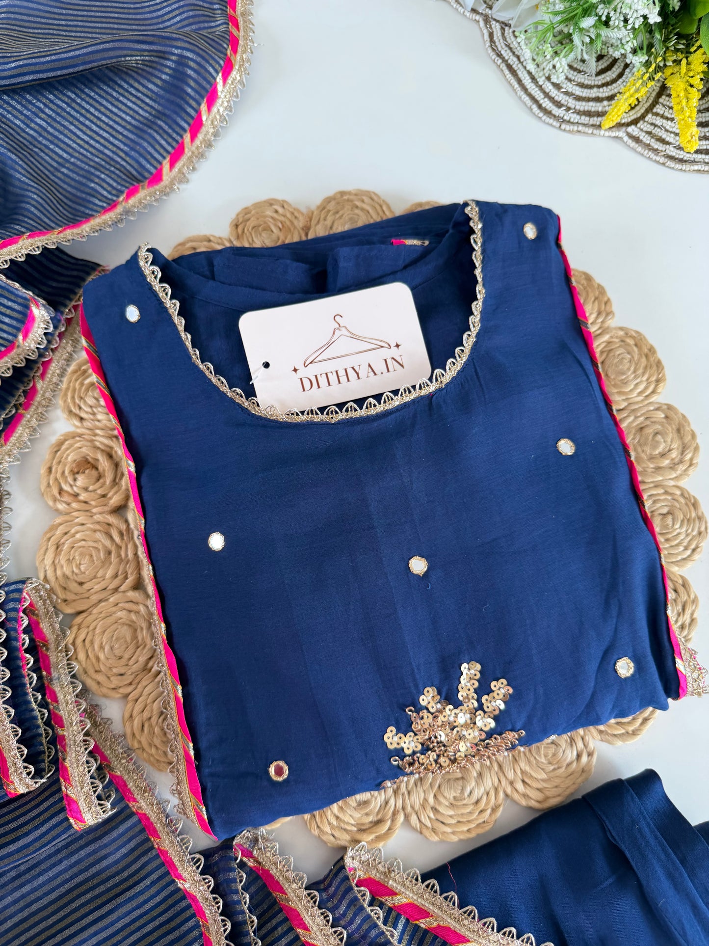 K118 - Mul chanderi handwork aline Kurti with pants and dupatta